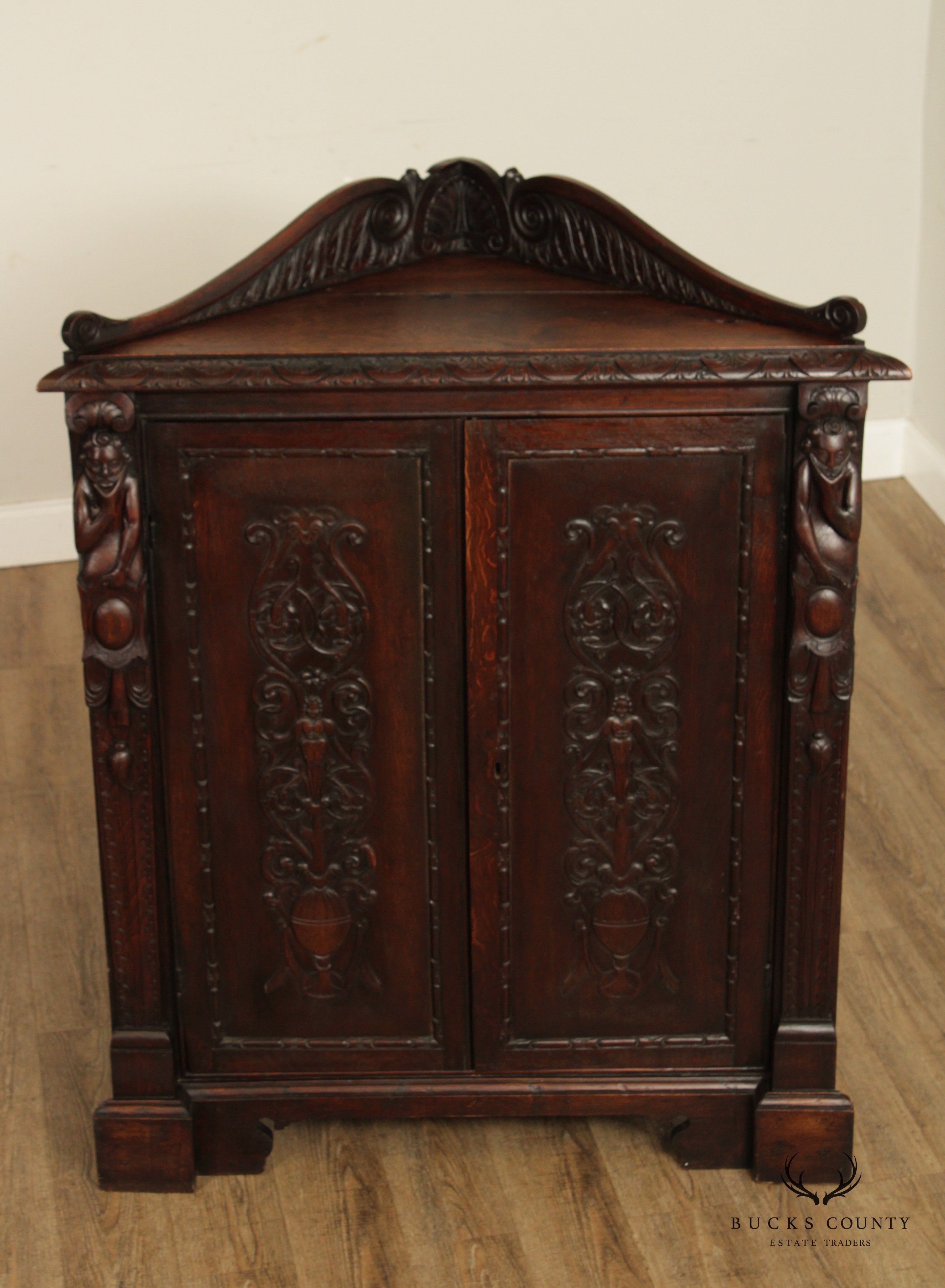 19th Century Antique Renaissance Revival Carved Oak Corner Cabinet