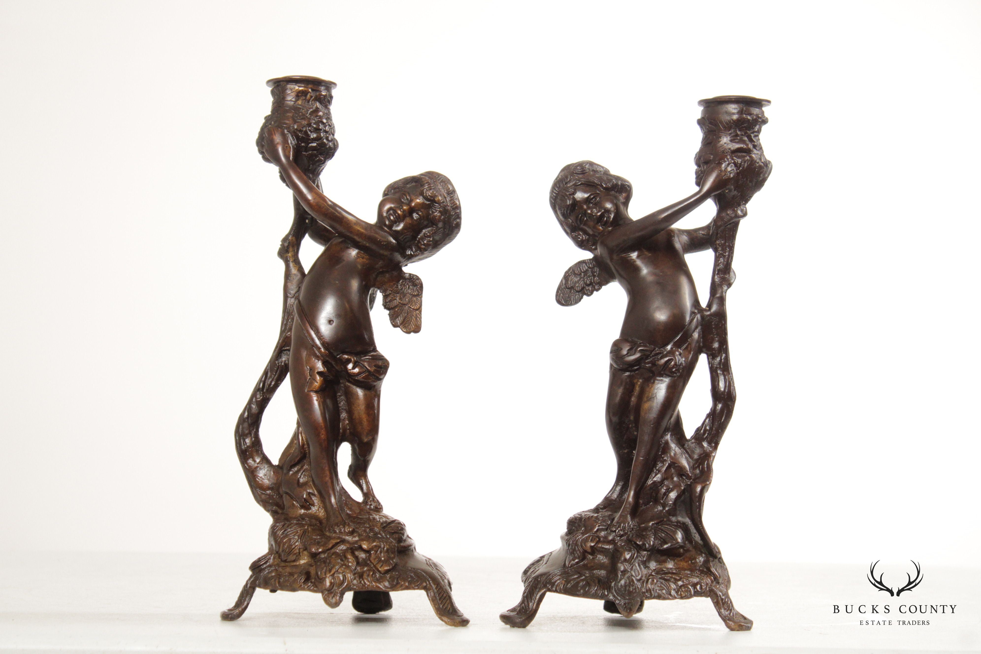 Italian Traditional Pair of Bronze Putti Candlesticks