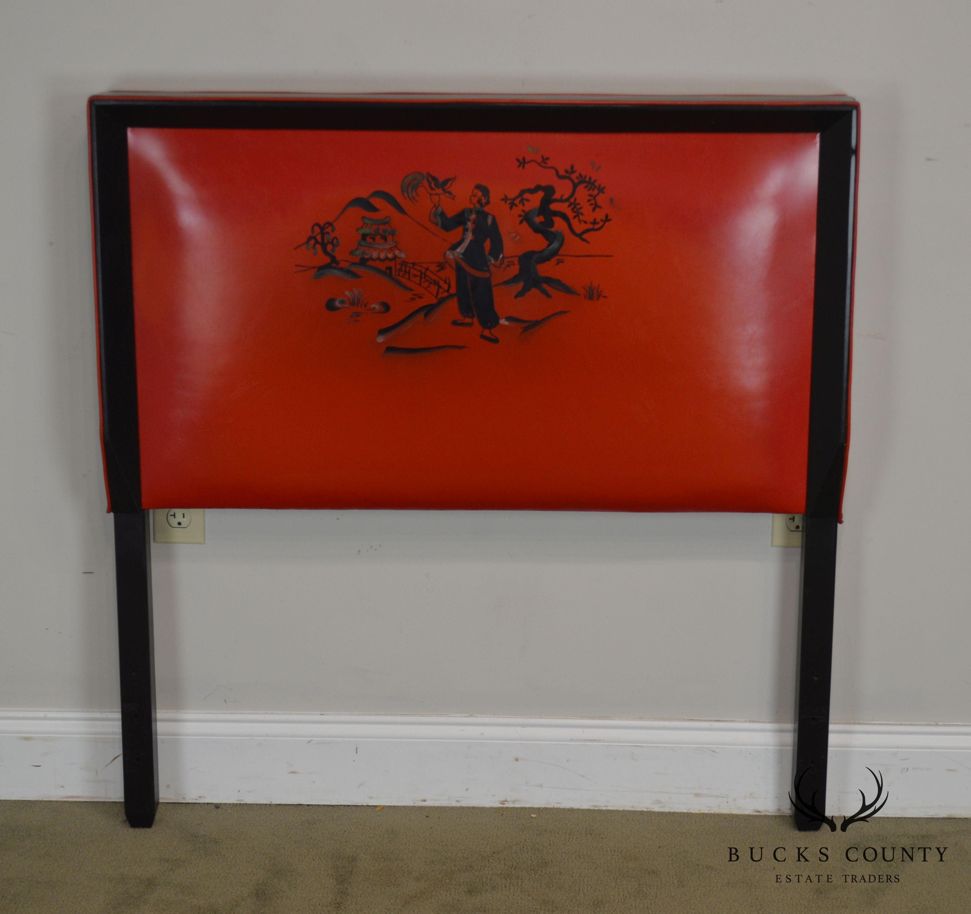 Mid Century Asian Influenced Red & Black Vinyl Twin Headboard