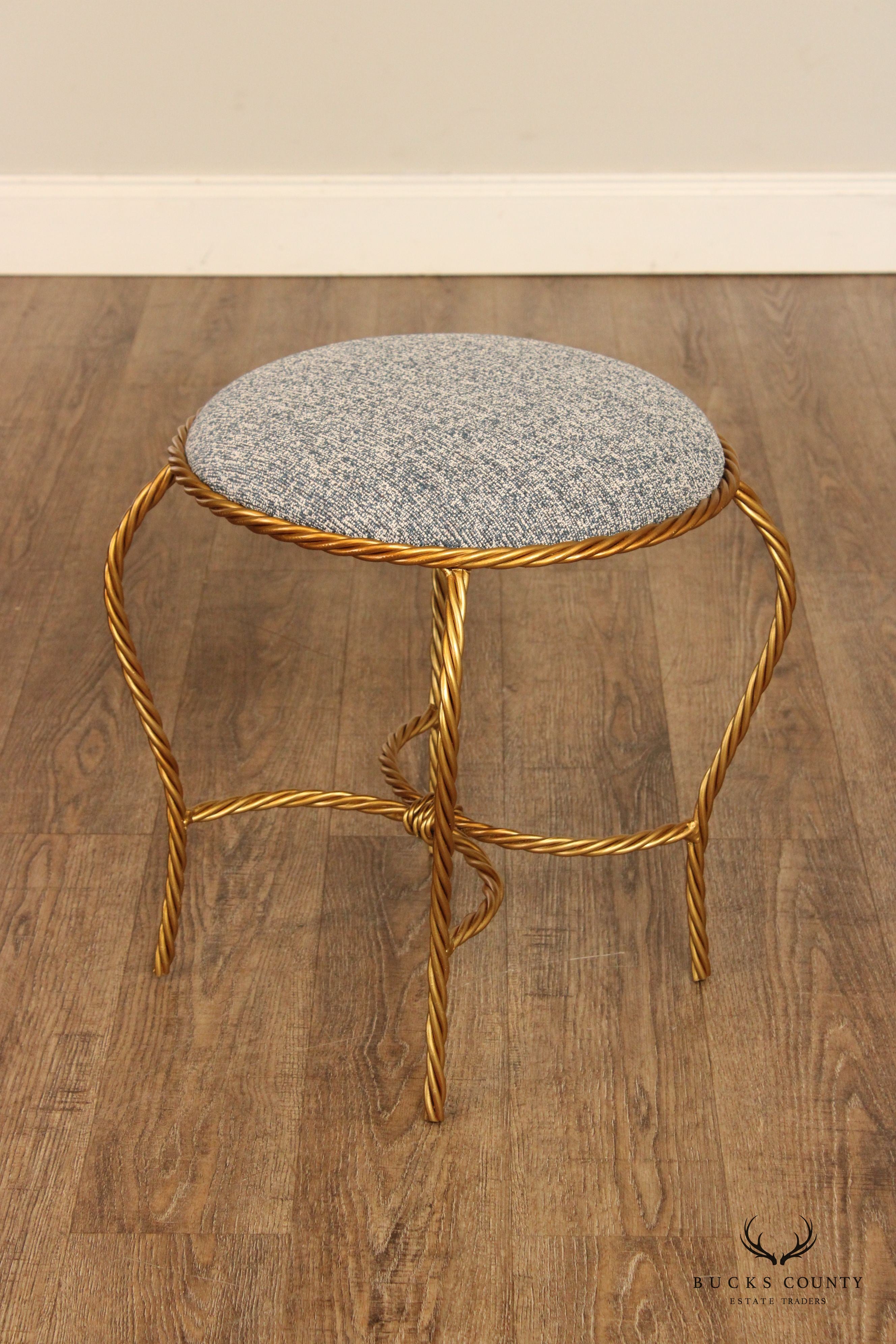 Hollywood Regency Pair of Gilt Metal Rope Twist Stools