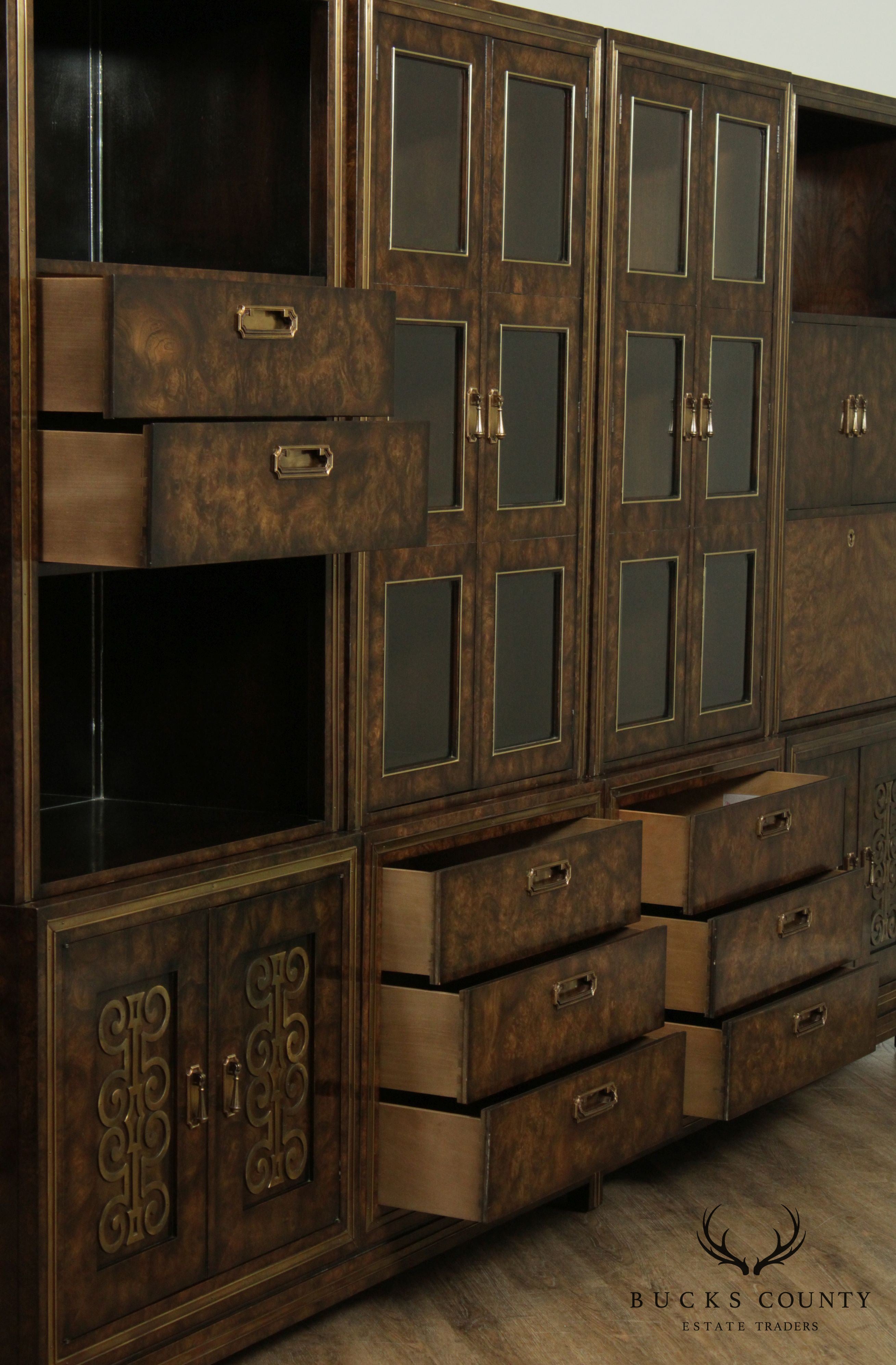 Mastercraft 1970's Hollywood Regency Large Burl Wood & Brass Bookcase Wall Unit