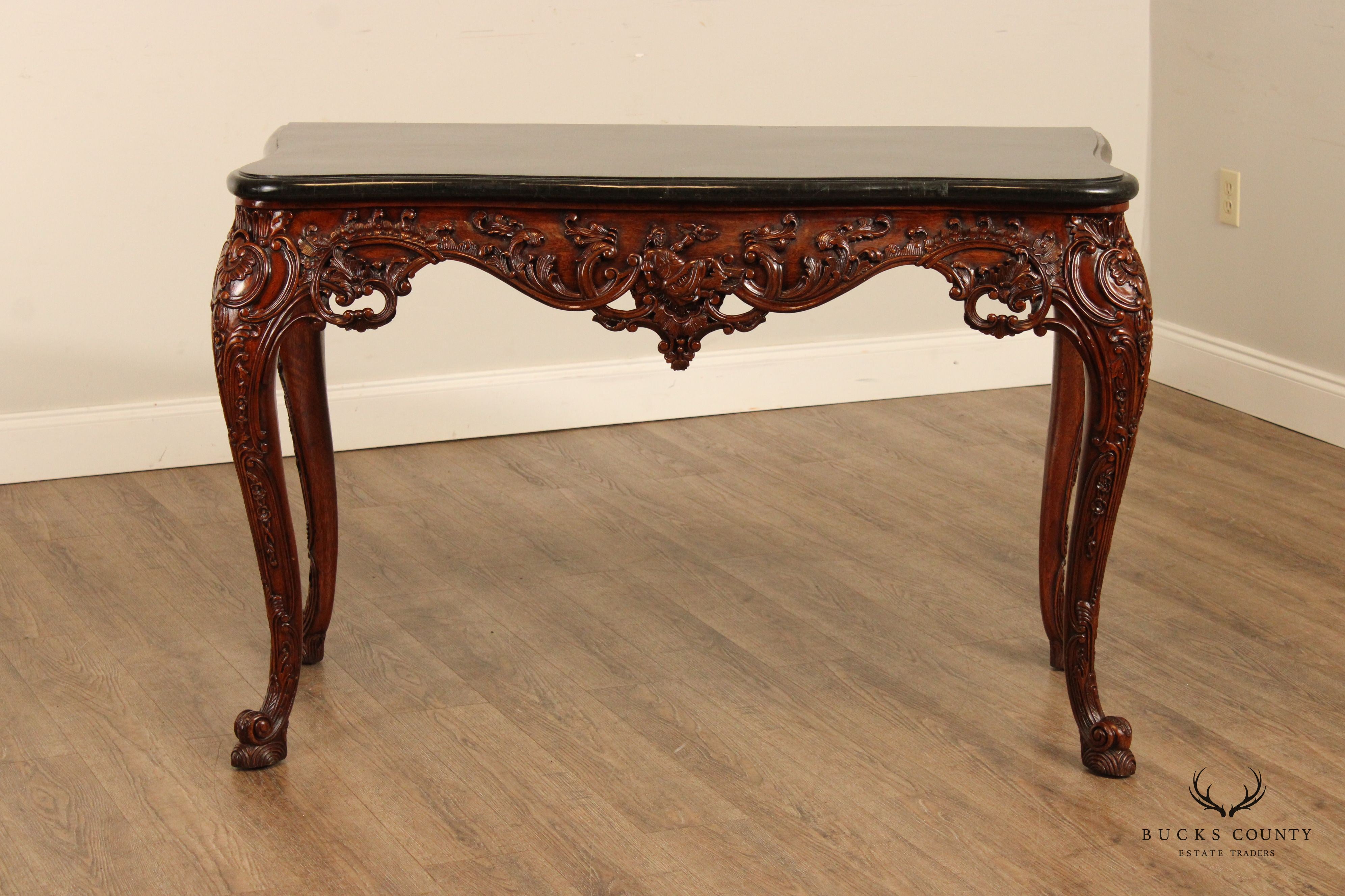 Maitland Smith Rococo Style Tessellated Marble Top Carved Mahogany Console