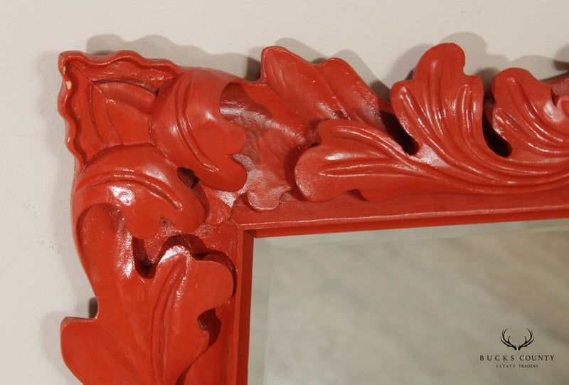 Vintage Foliate Carved Red Painted Wall Mirror