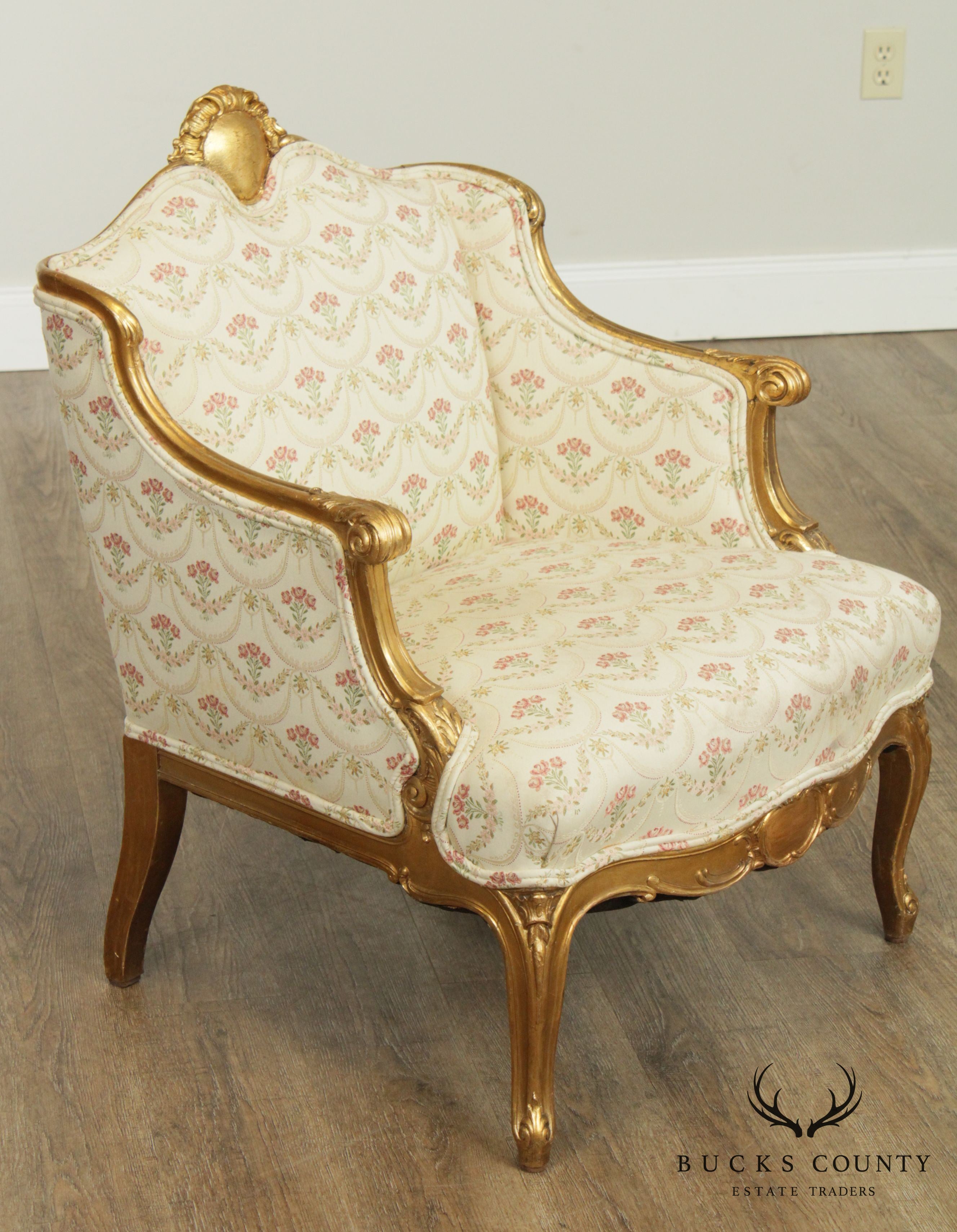 French Louis XV Style Antique Gilt Frame Bergere Chair