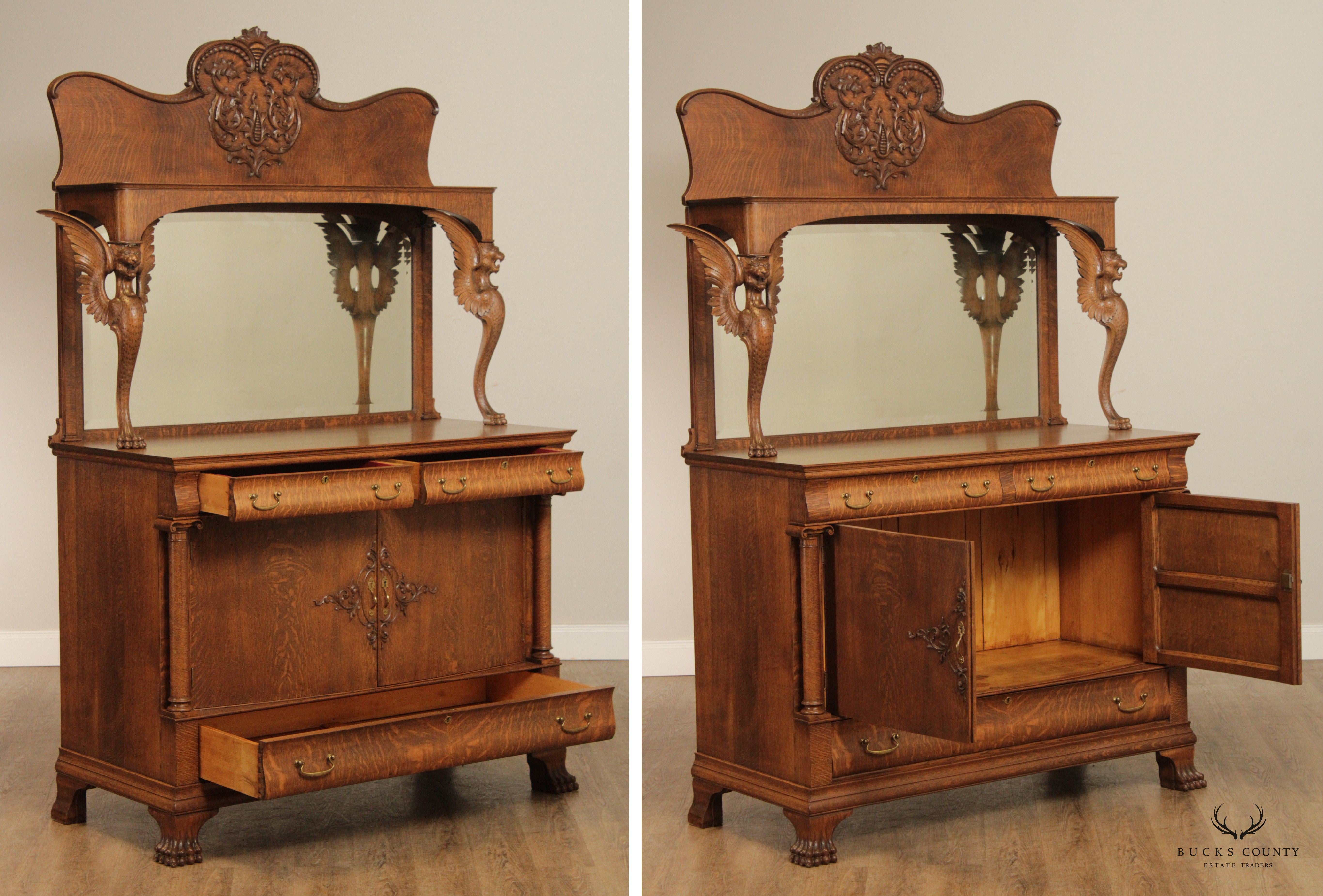 Antique Victorian Winged Griffin Carved Oak Sideboard Buffet