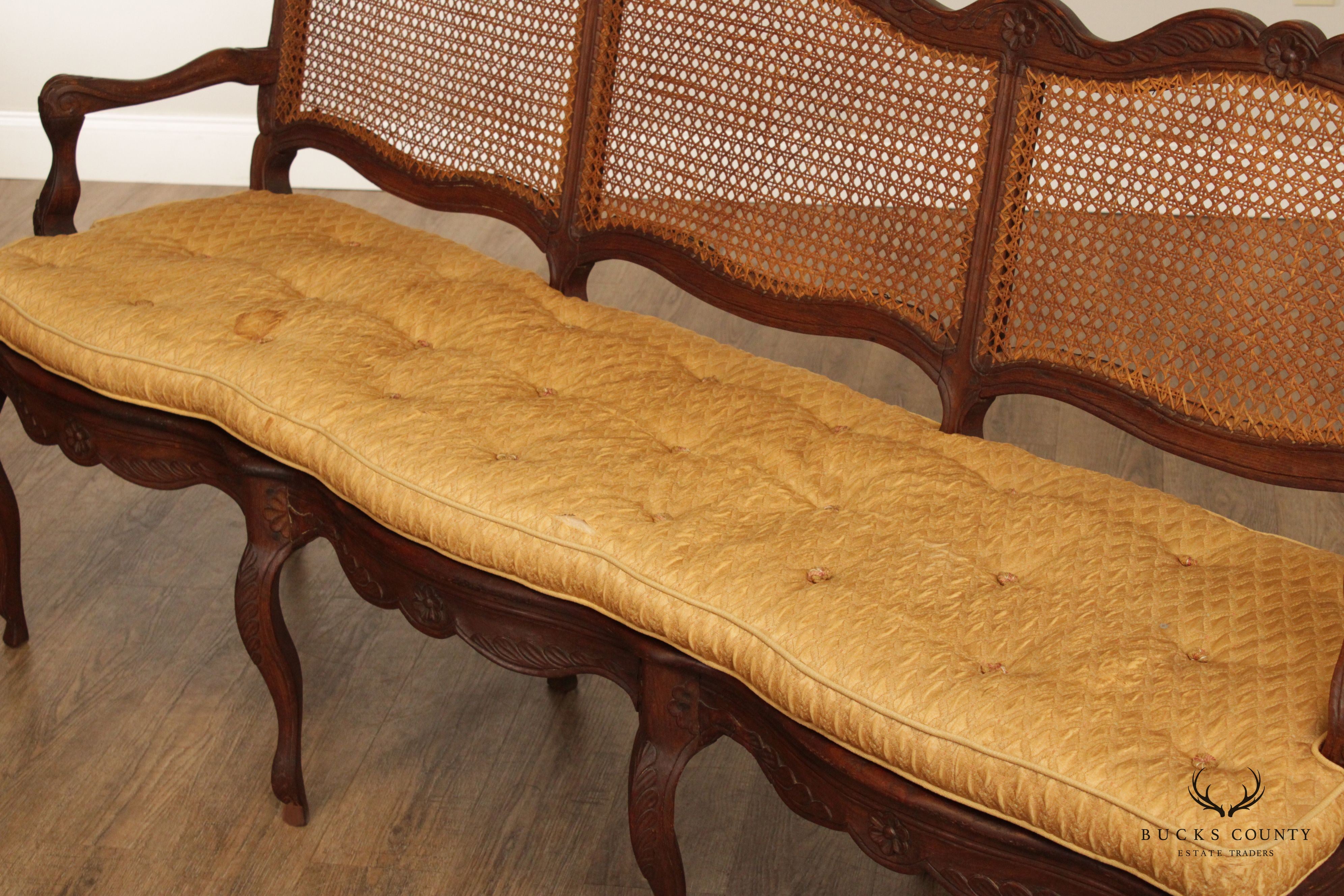 French Louis XV Style Antique Carved and Caned Three-Seat Settee Bench