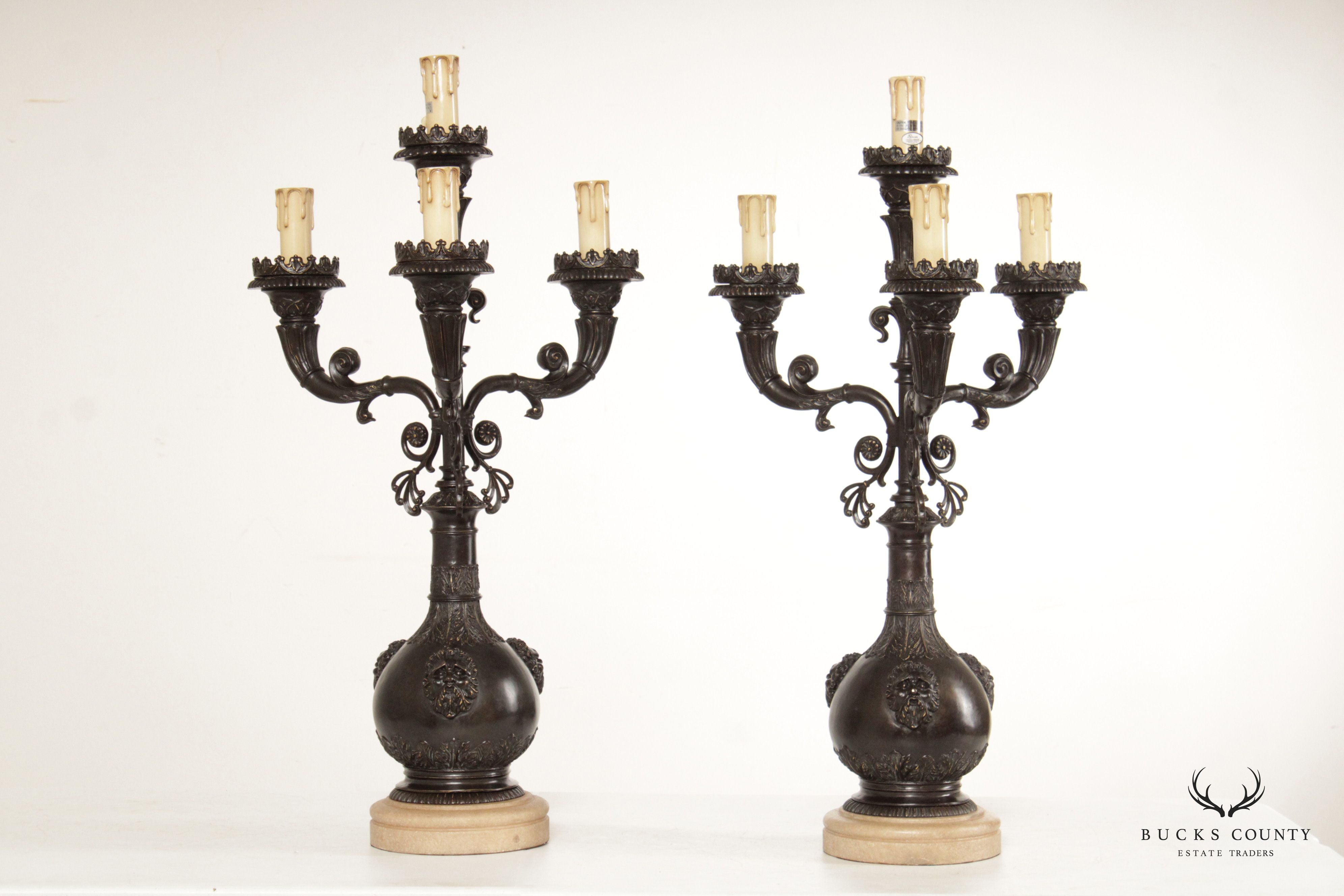 Gothic Revival Style Pair of Bronze Five-Light Candelabra