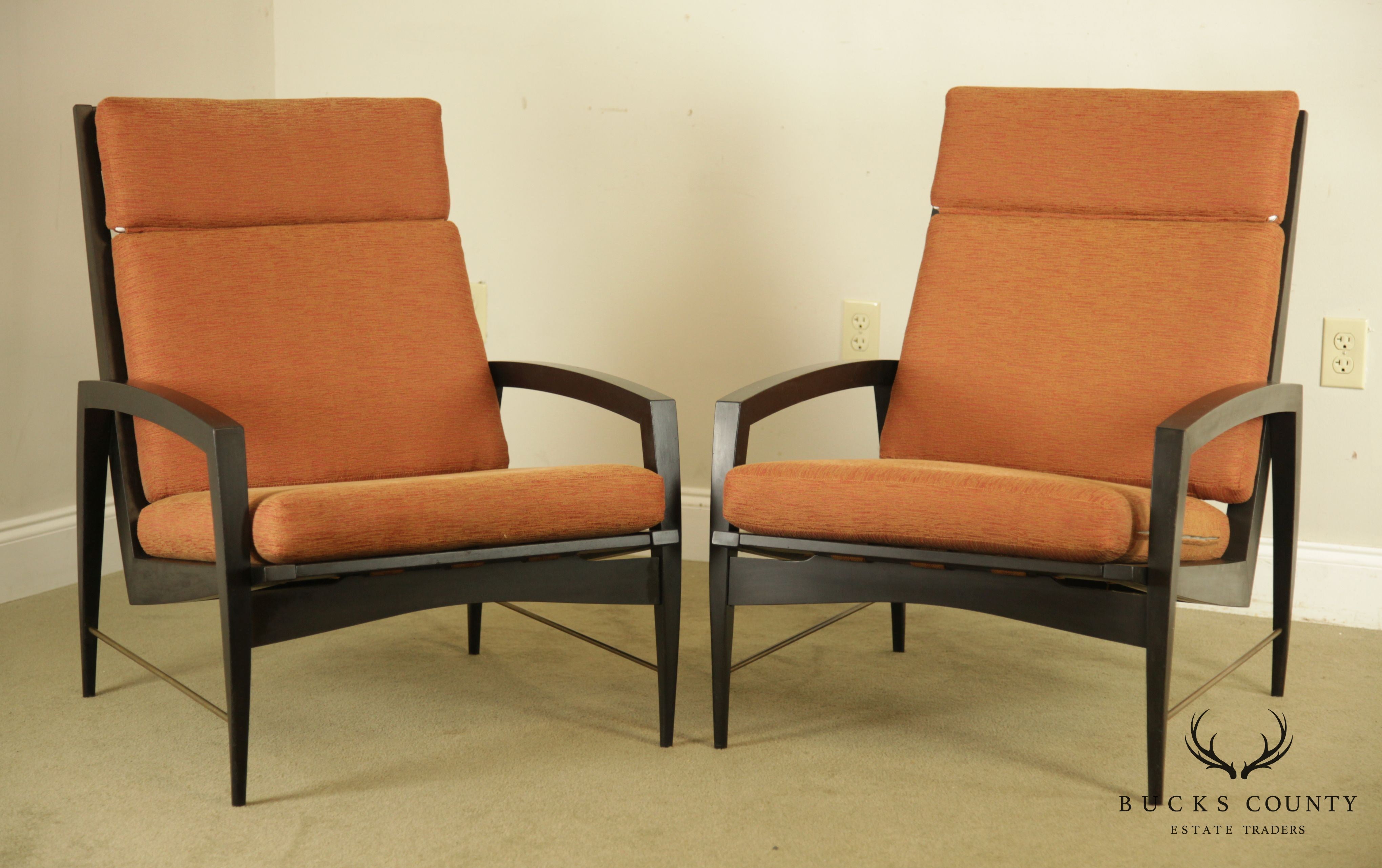 Danish Modern Ebonized Pair Black Lounge Chairs with Brass