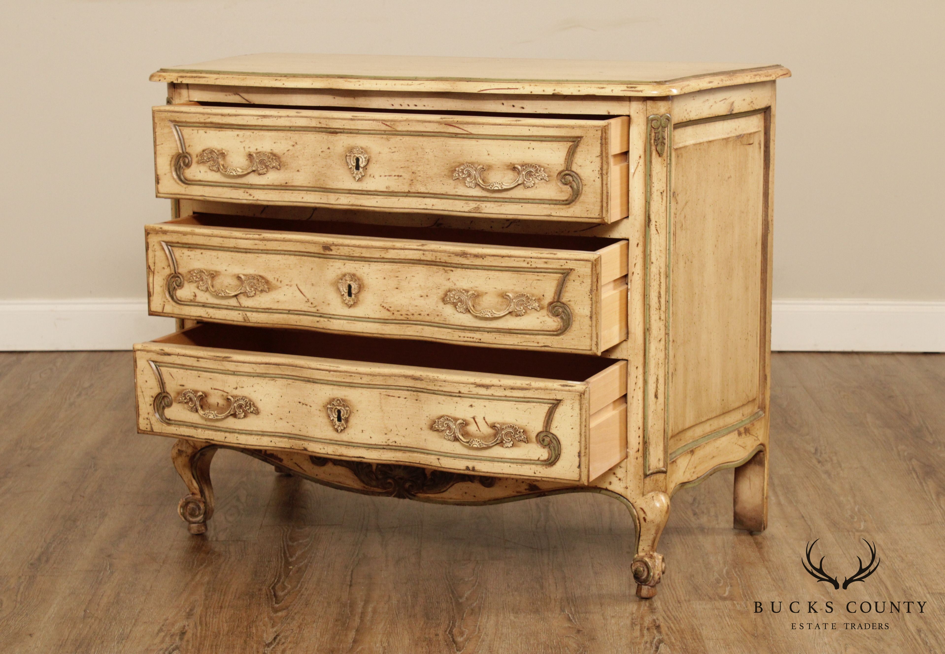 French Louis XV Style Quality Distressed Painted 3 Drawer Chest