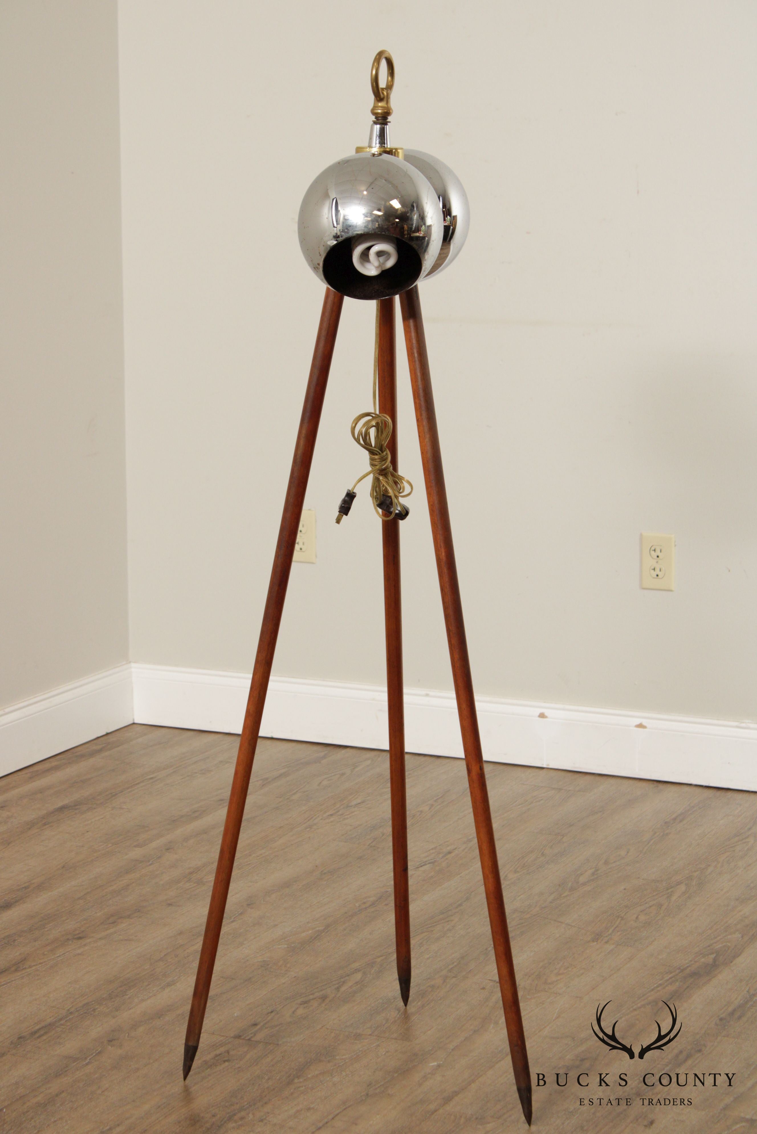 Mid Century Wooden Tripod Floor Lamp with Chrome Shades