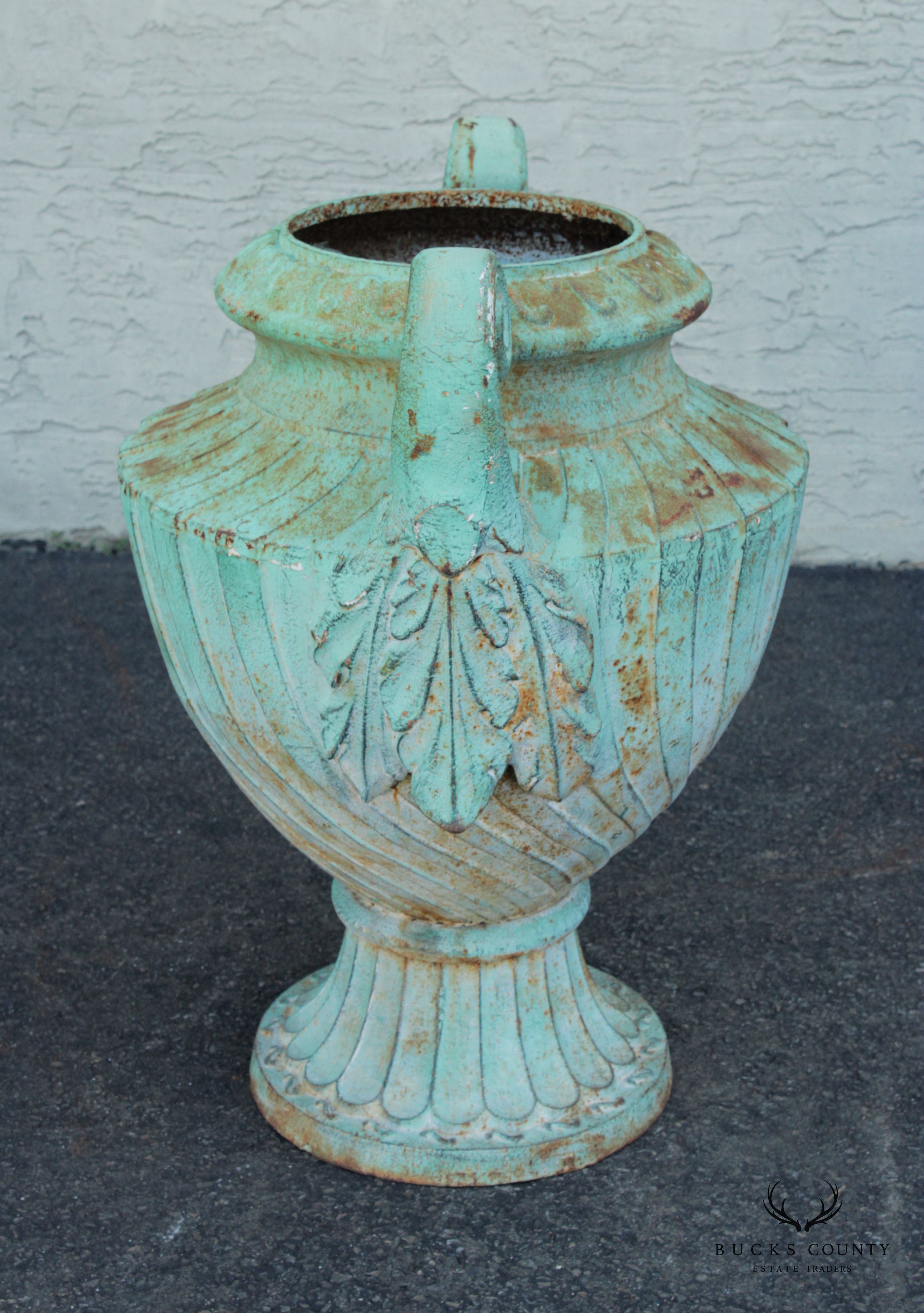 Neoclassical Style Large Pair Verdigris Cast Iron Urn Garden Planters