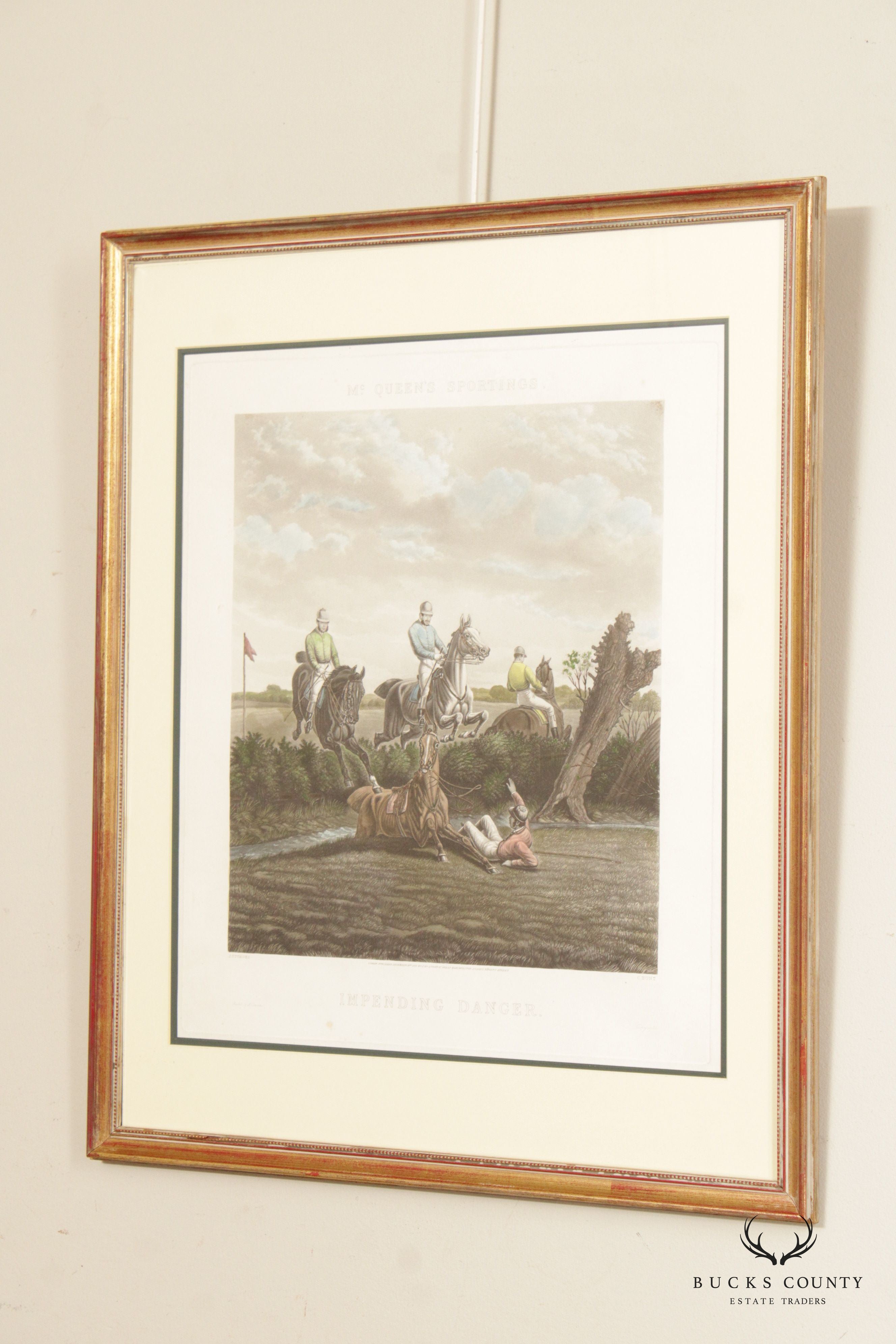 Charles Hunt Equestrian 'Impending Danger' Colored Etching, Custom Framed