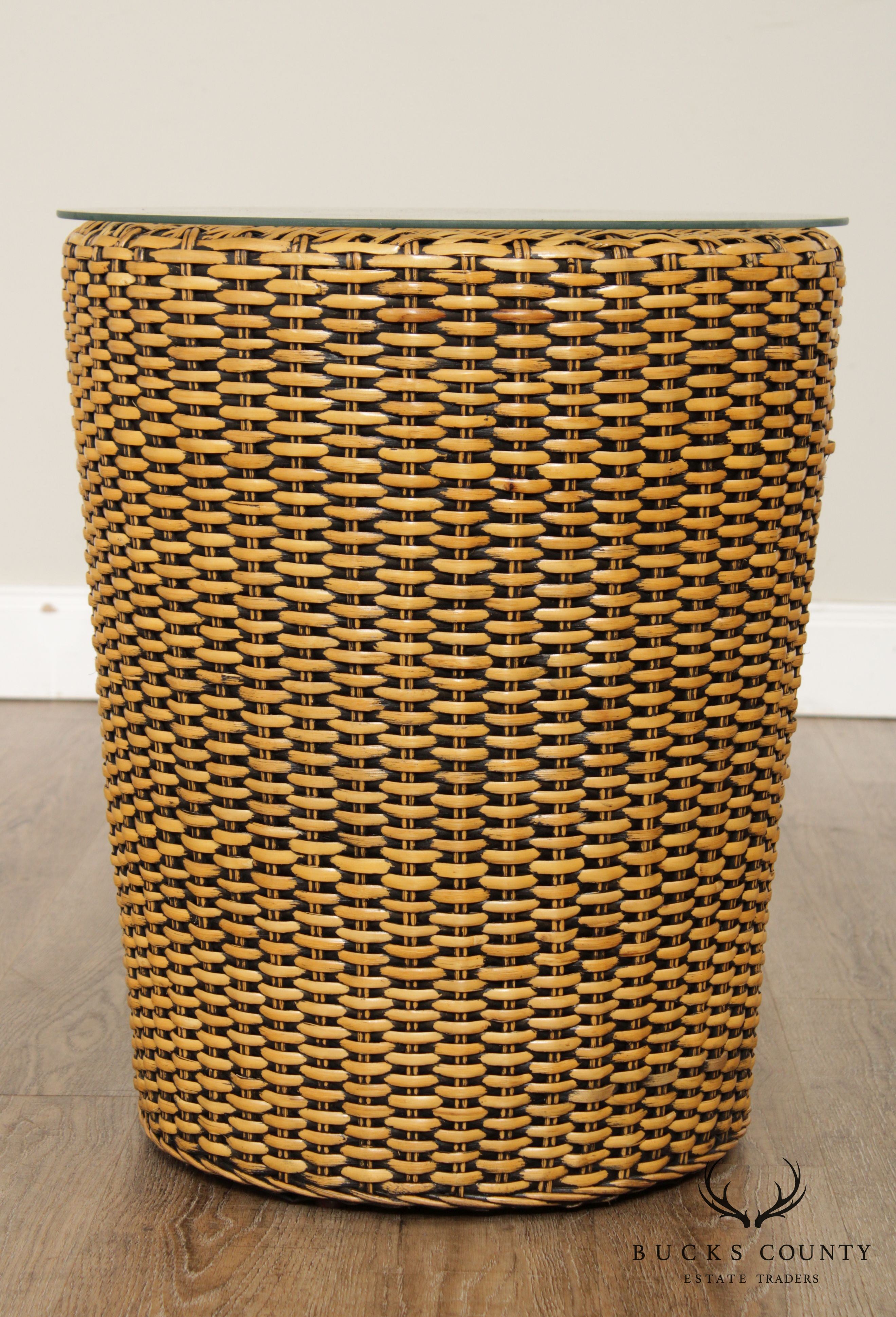 Vintage Woven Wicker Rattan Glass Top Round Side Table