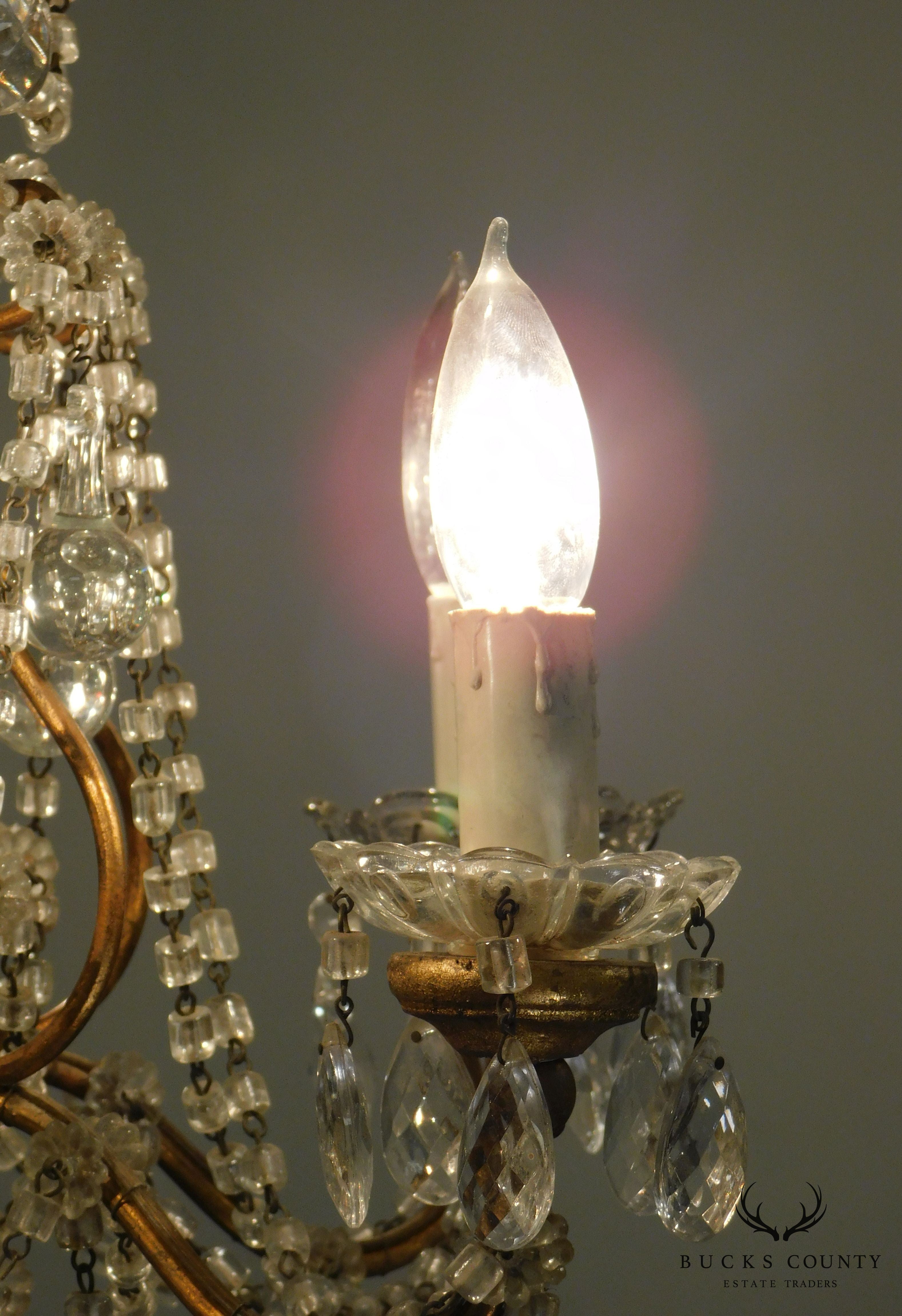 Vintage Italian Gilt Metal Chandelier with Teardrop Prisms