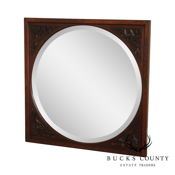 Antique Victorian Square Frame Acorn & Leaf Carved Frame Round Beveled Wall Mirror
