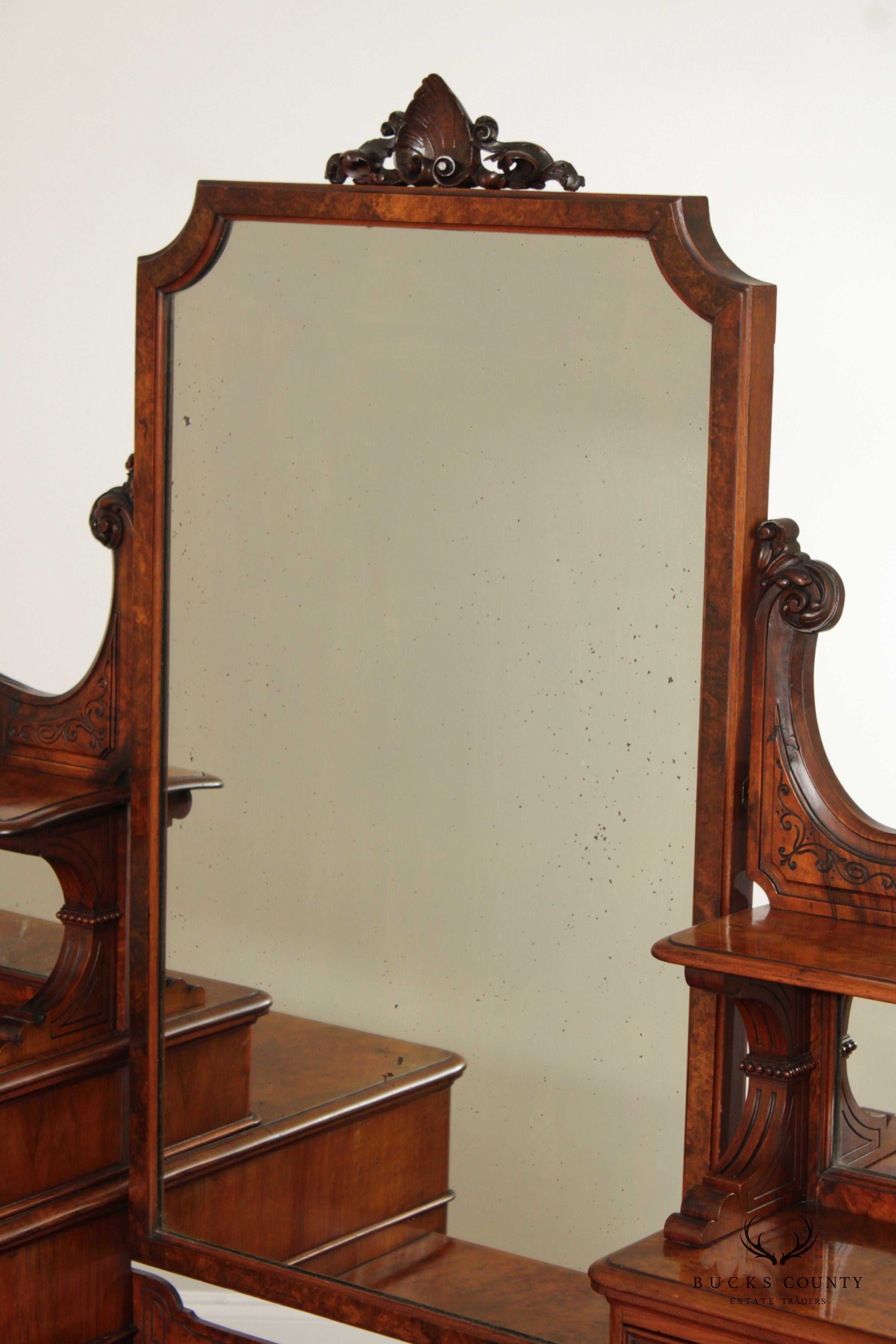 Antique English Victorian Walnut Burl Vanity Dresser with Mirror