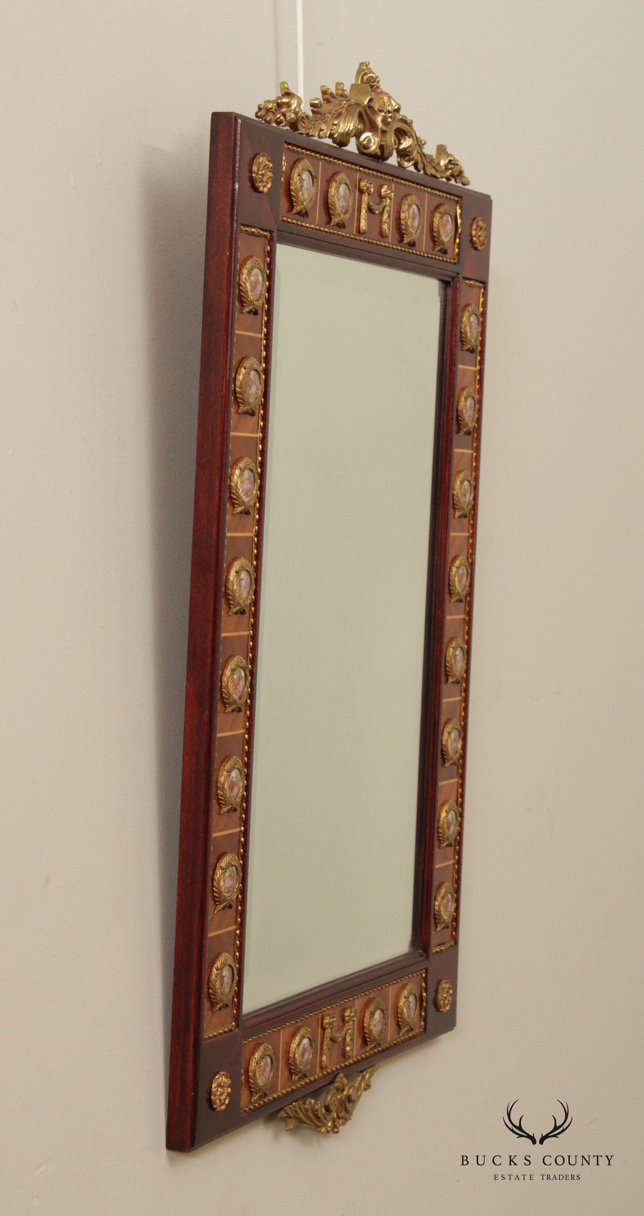 Italian Louis XV Neoclassical Style Mahogany and Brass Console Mirror With Porcelain Plaques