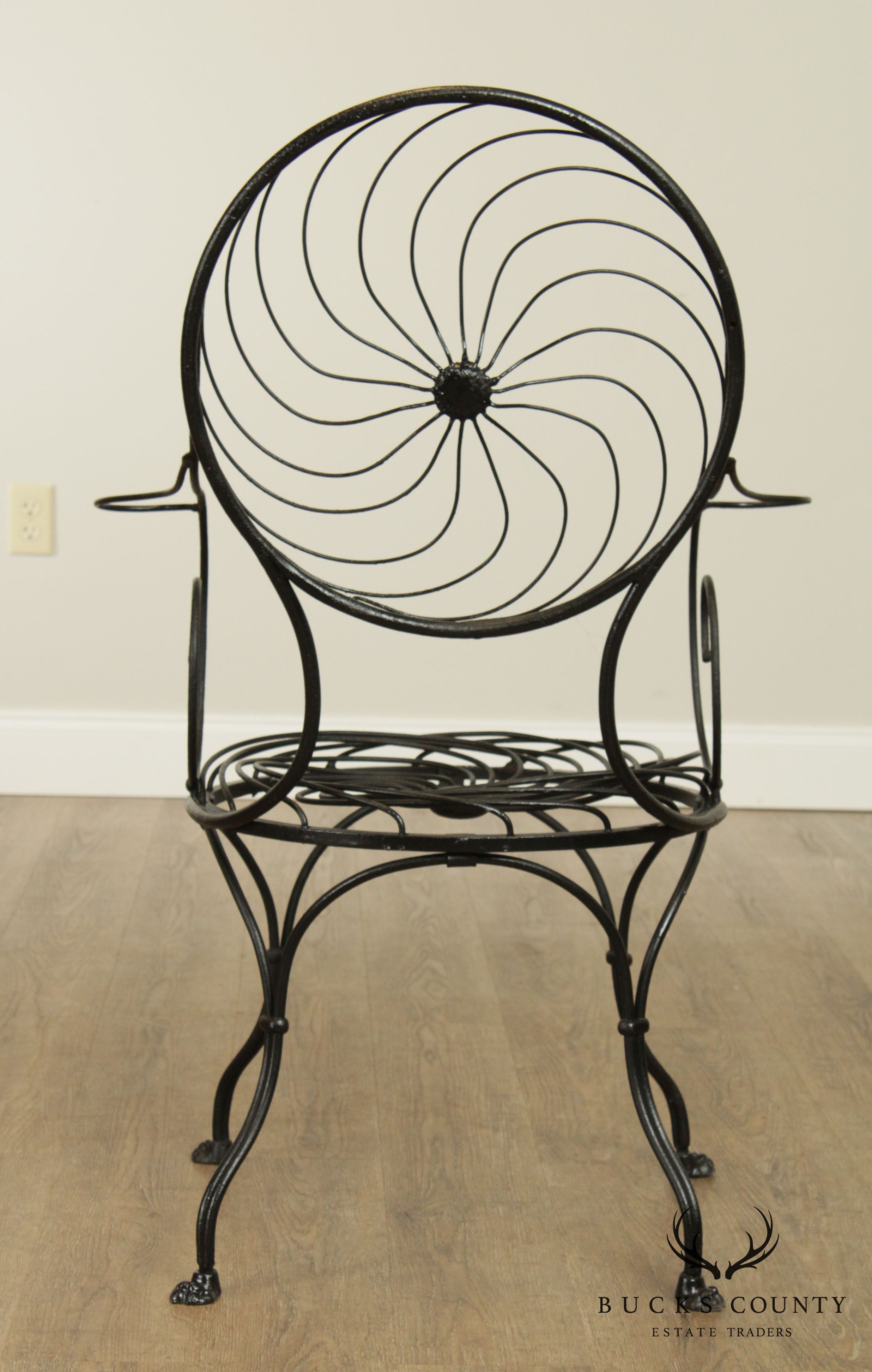 Art Deco Vintage Wrought Iron Pinwheel Spiral Back Garden Chair