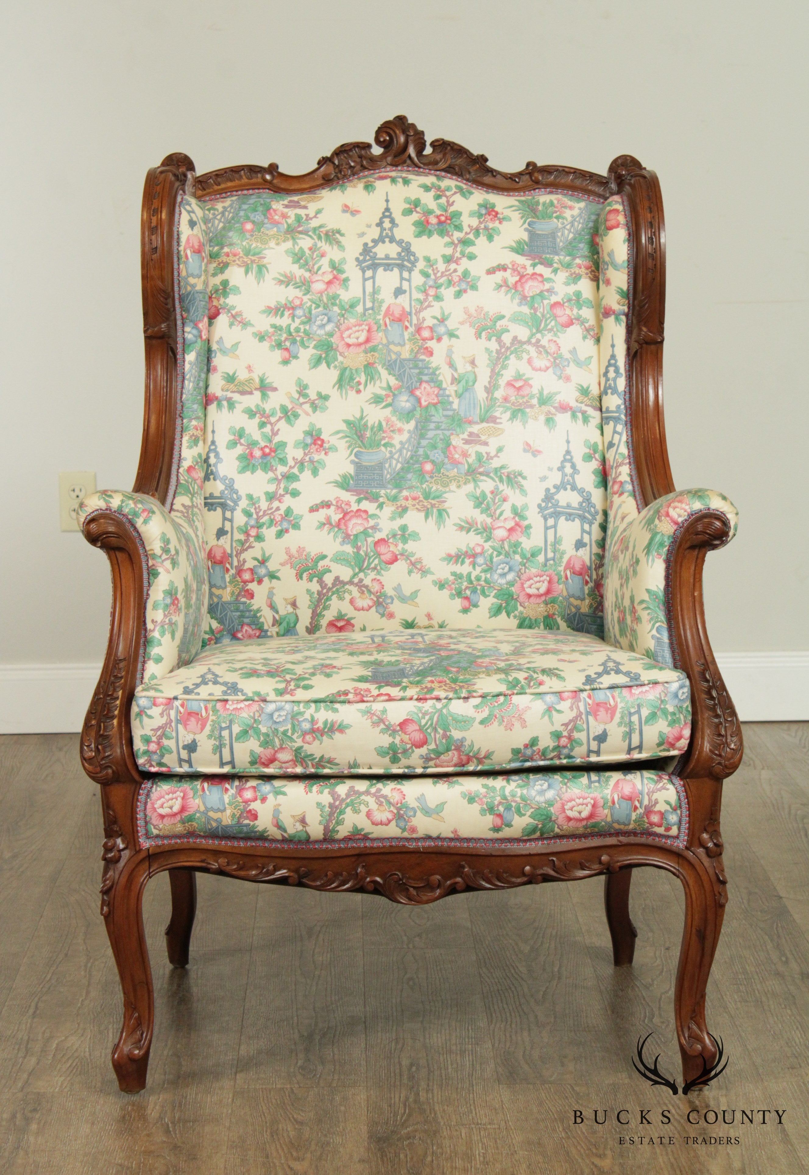 Lawsonia French Louis XV Style Vintage Carved Walnut Bergere Wing Chair