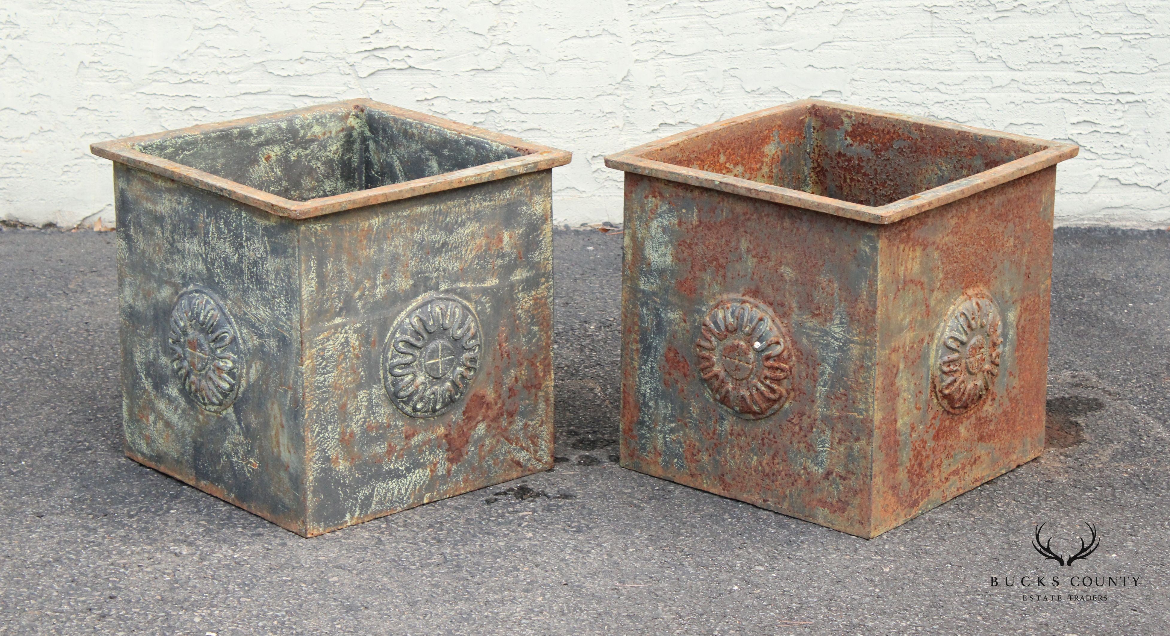 French Industrial Style Pair Of Large Cast Iron Square Garden Planter Box