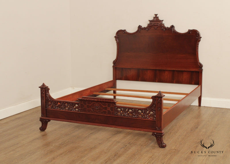 Vintage Chinese Chippendale Carved Mahogany Full-Size Bed