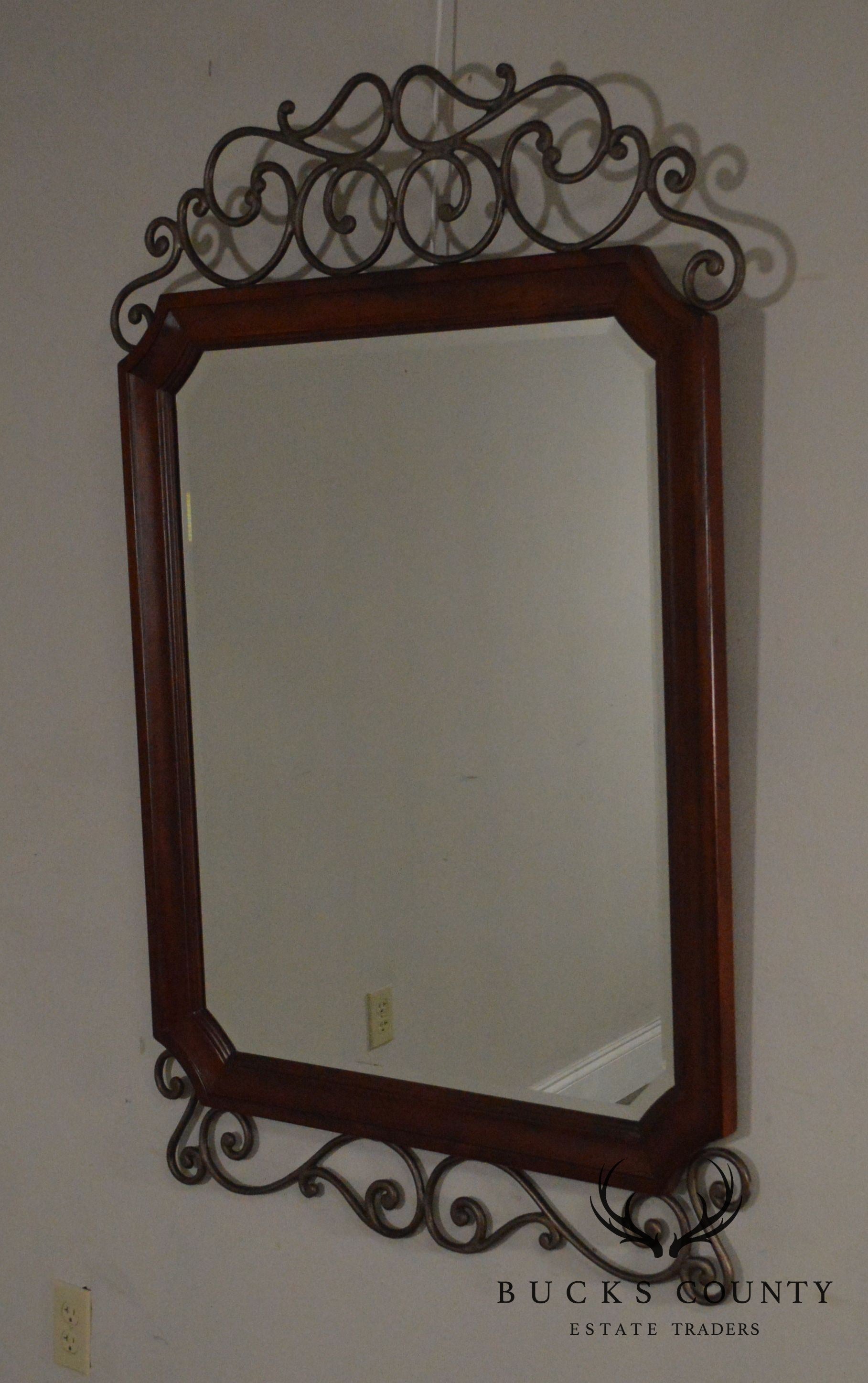 Drexel Heritage Cambridge Cherry & Scrolled Iron Beveled Wall Mirror