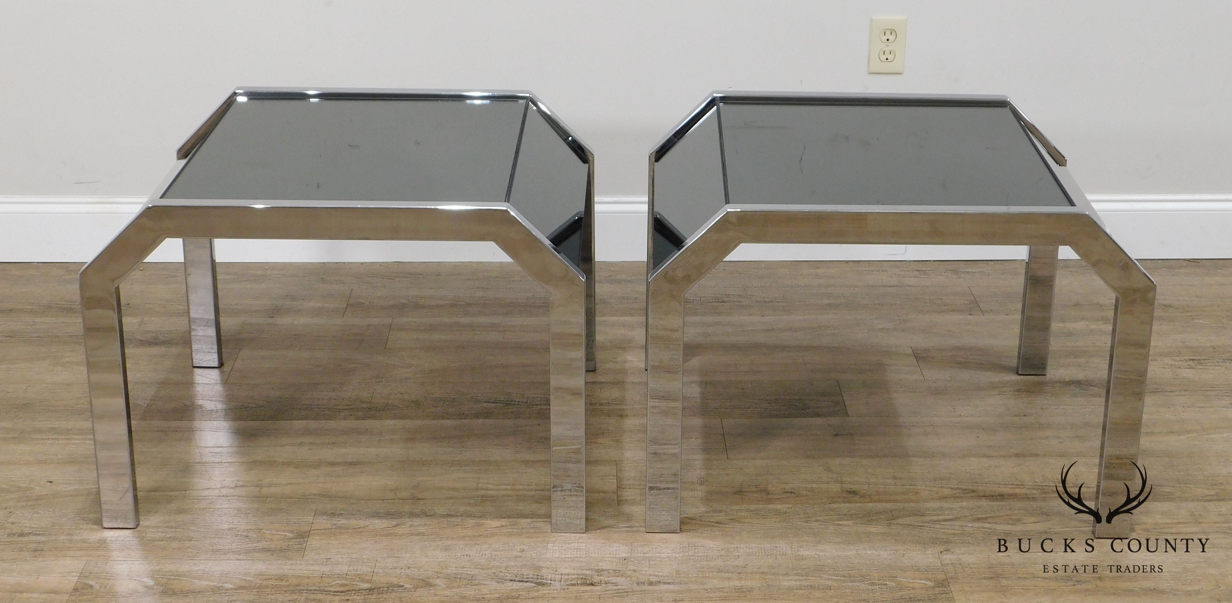 Mid Century Modern Chrome & Smoked Mirror Pair Side Tables