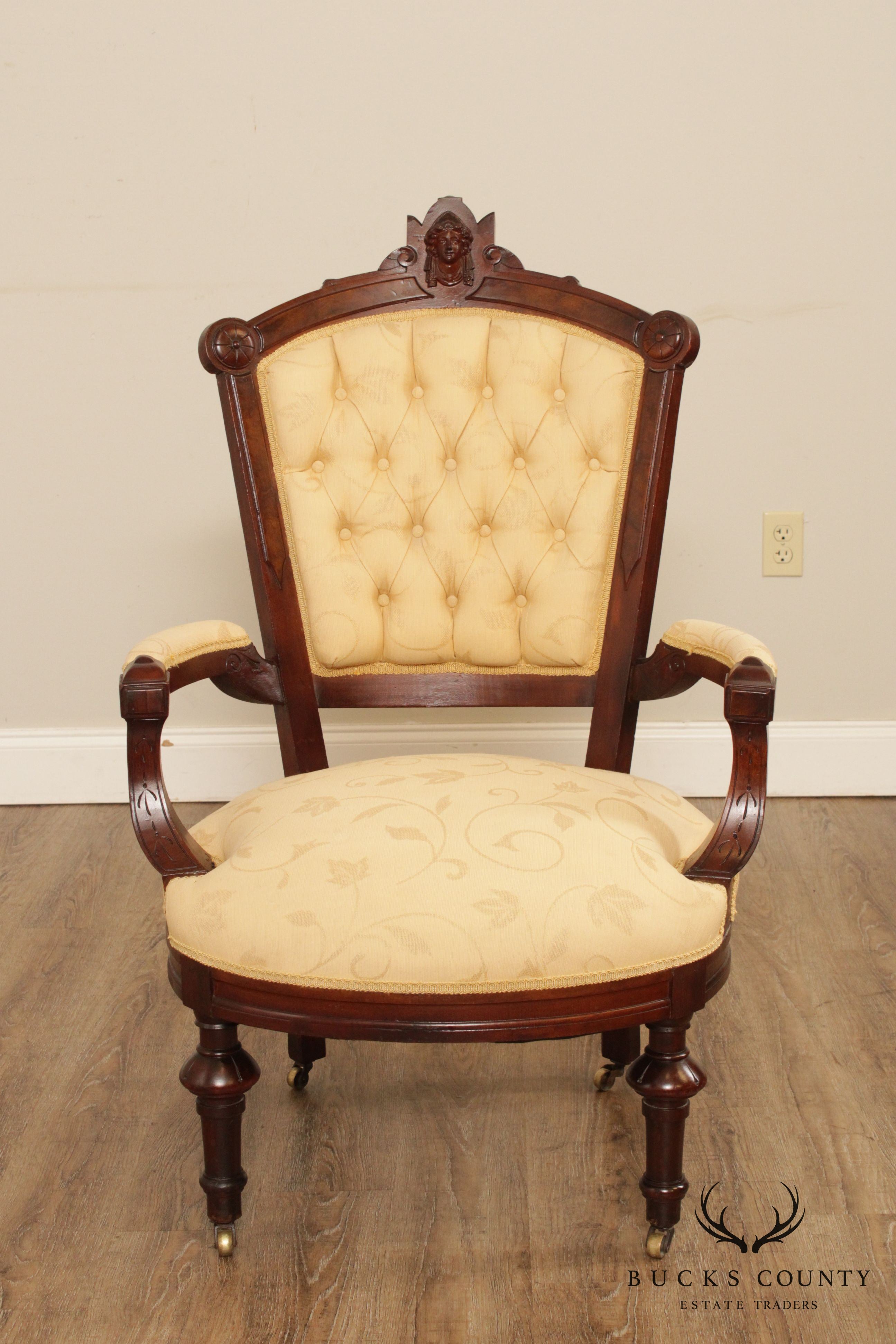 Antique Victorian His & Hers Pair Walnut Armchairs