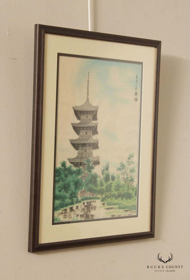 Vintage Japanese The Pagoda of Toji Temple in Kyoto Woodblock Print