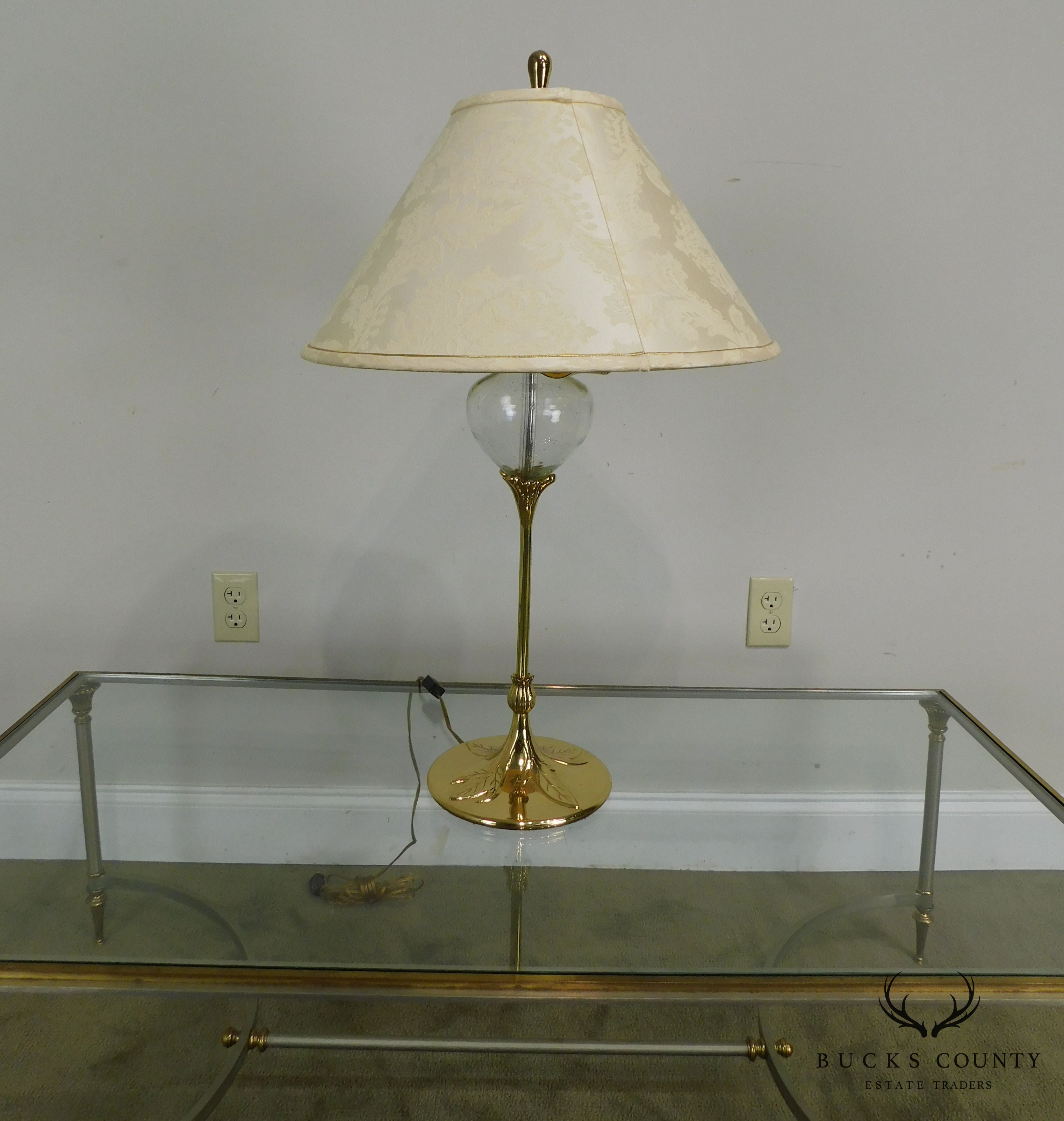 Vintage Pair of Quoizel Brass and Glass Foliate Table Lamps W/Shades