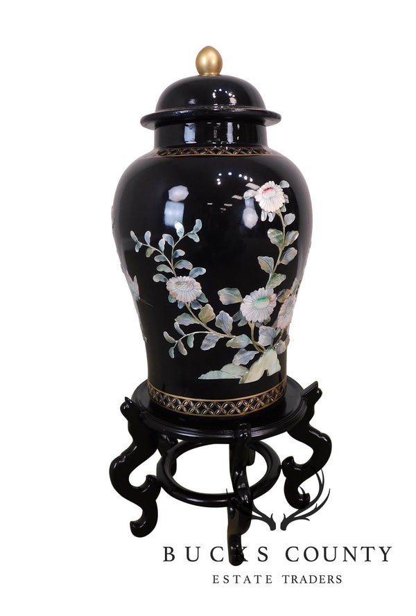 Asian Black Porcelain Lidded Jar on Stand W/ Mother of Pearl