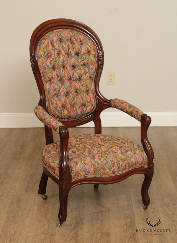 Antique Victorian Custom Upholstered Walnut Parlor Armchair