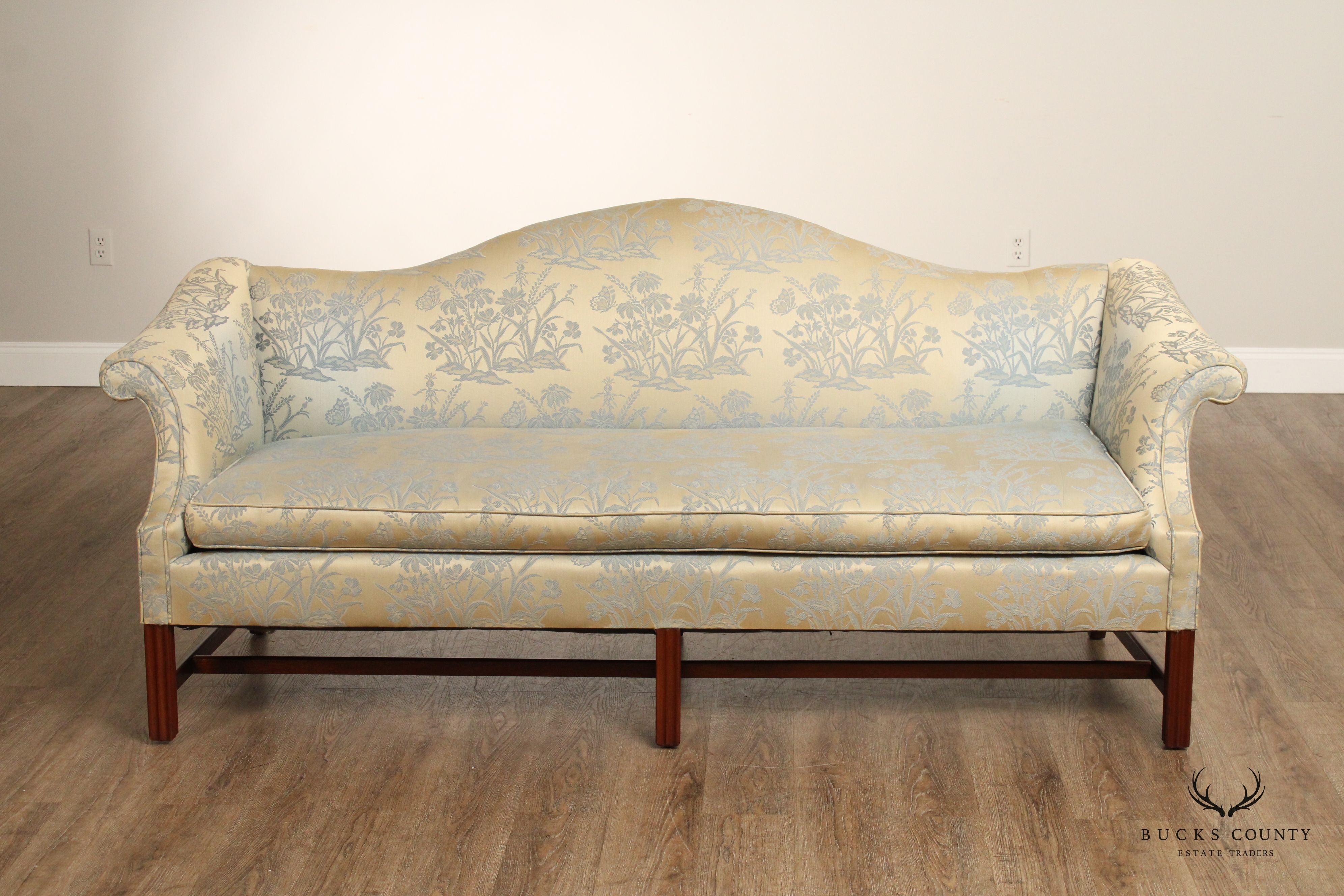 Chippendale Style Vintage Mahogany Rolled Arm Camelback Sofa