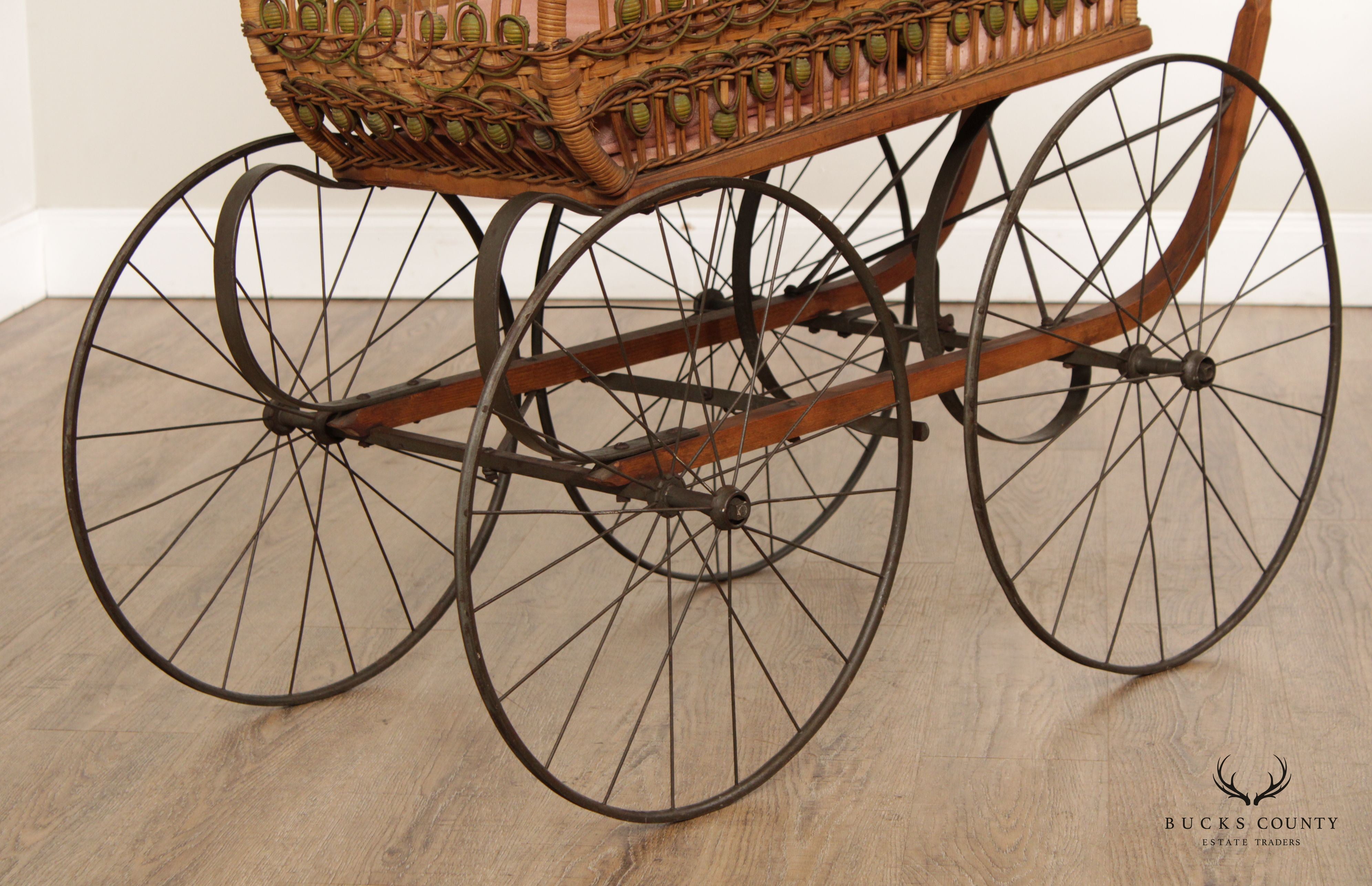 Antique Victorian Wicker Carriage Stroller with Umbrella