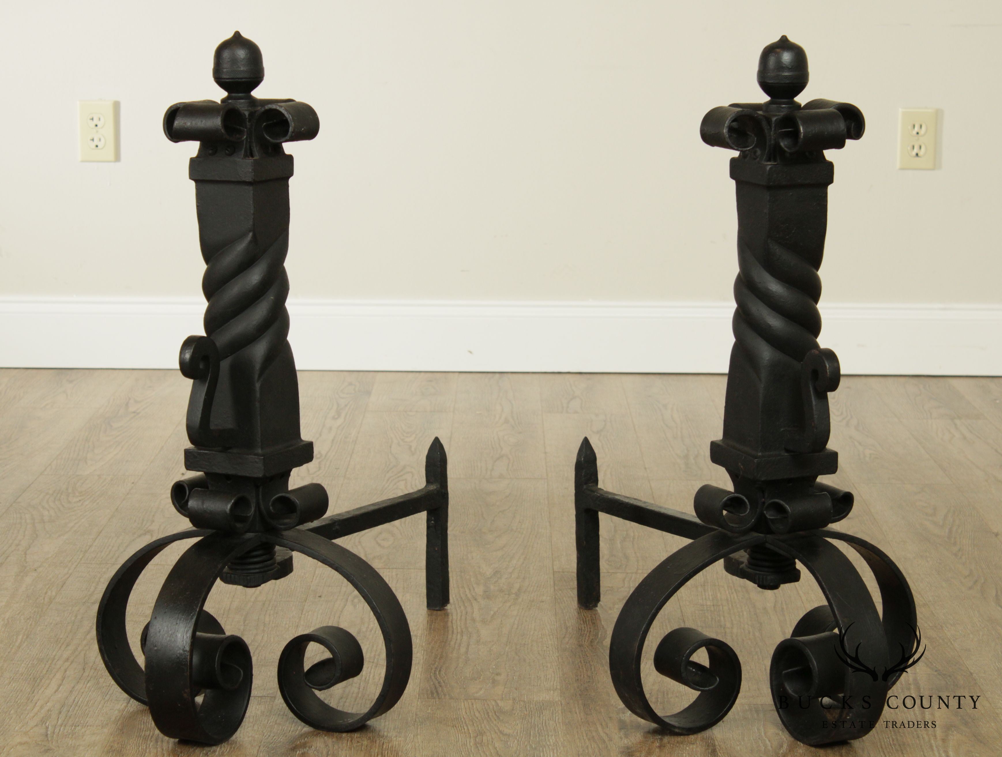 Hand Forged Iron Heavy Twisted Pair Andirons