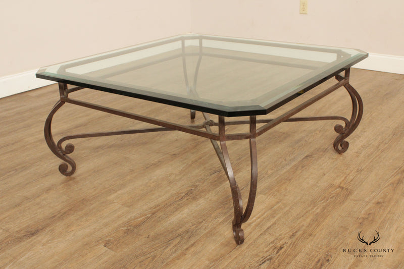 French Style Vintage Scrolled Wrought Iron Glass Top Coffee Table