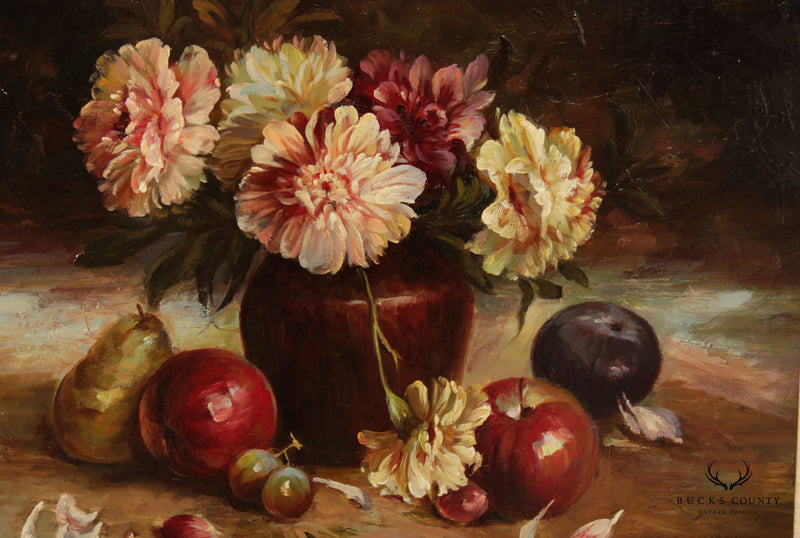 20th C. Flowers and Fruit Still Life Original Oil Painting, Signed 'R. Stevens'