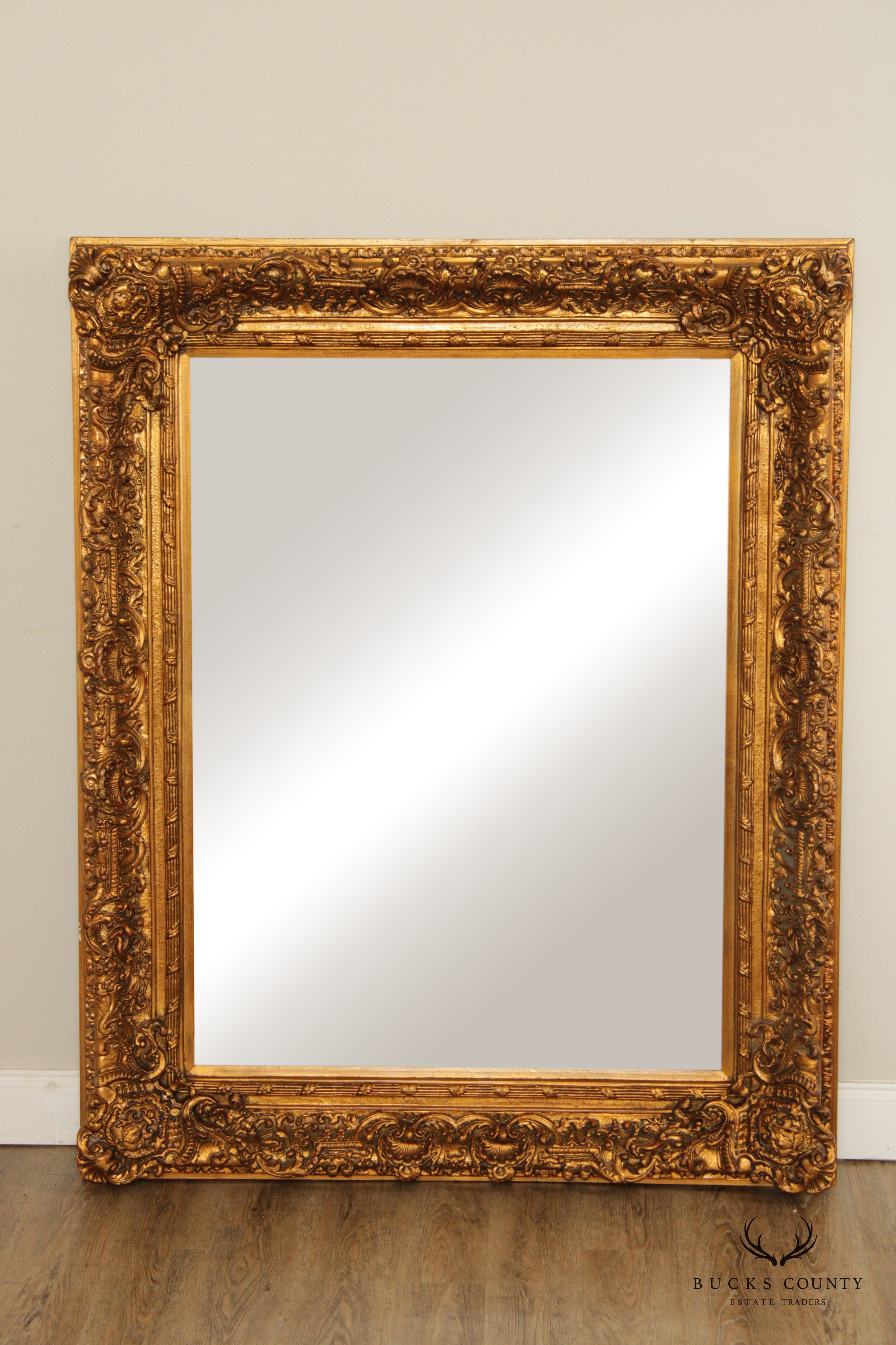 French Style Gilt Gold Carved Large Beveled Wall Mirror