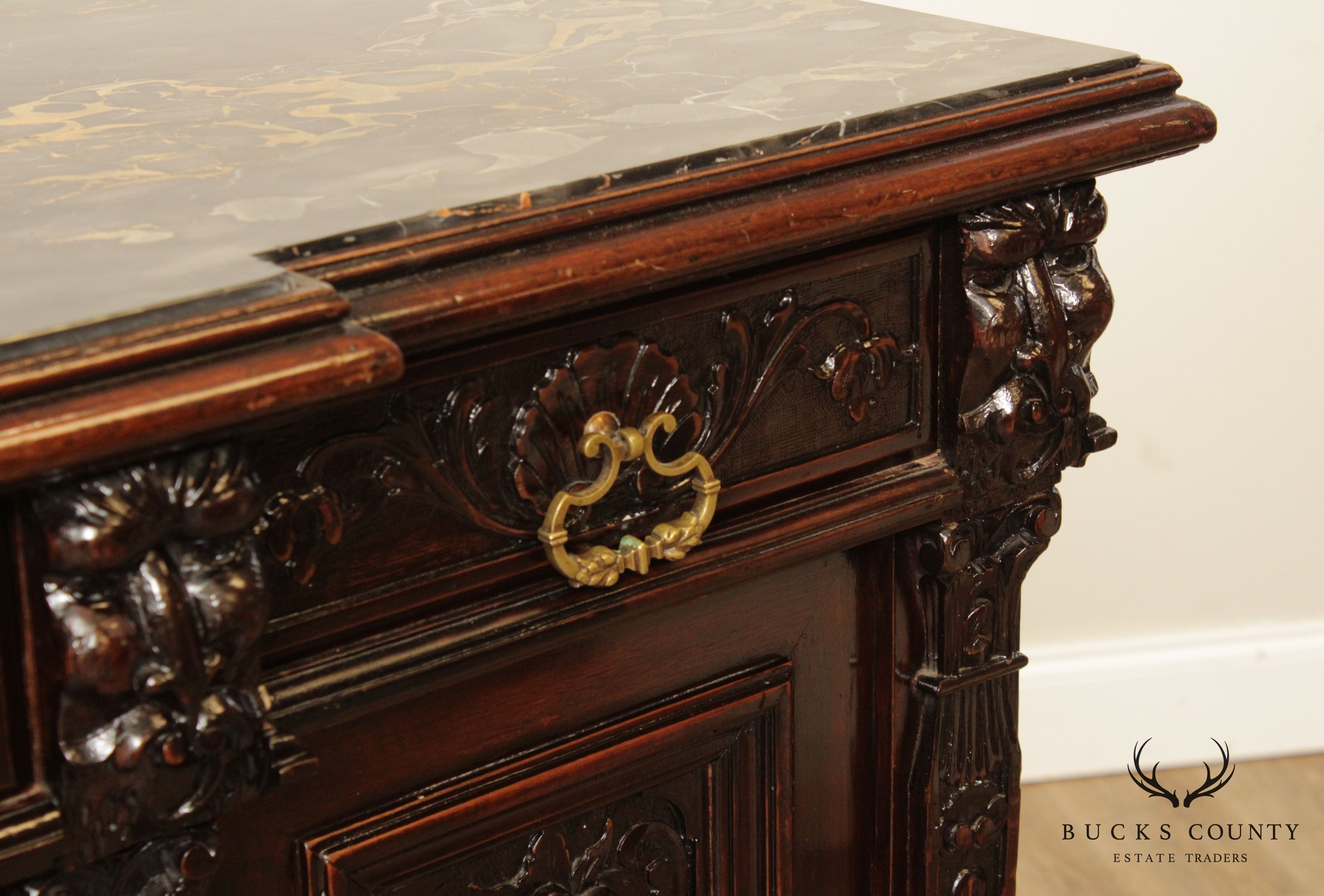 Antique Italian Renaissance Revival Carved Mahogany Marble Top Sideboard