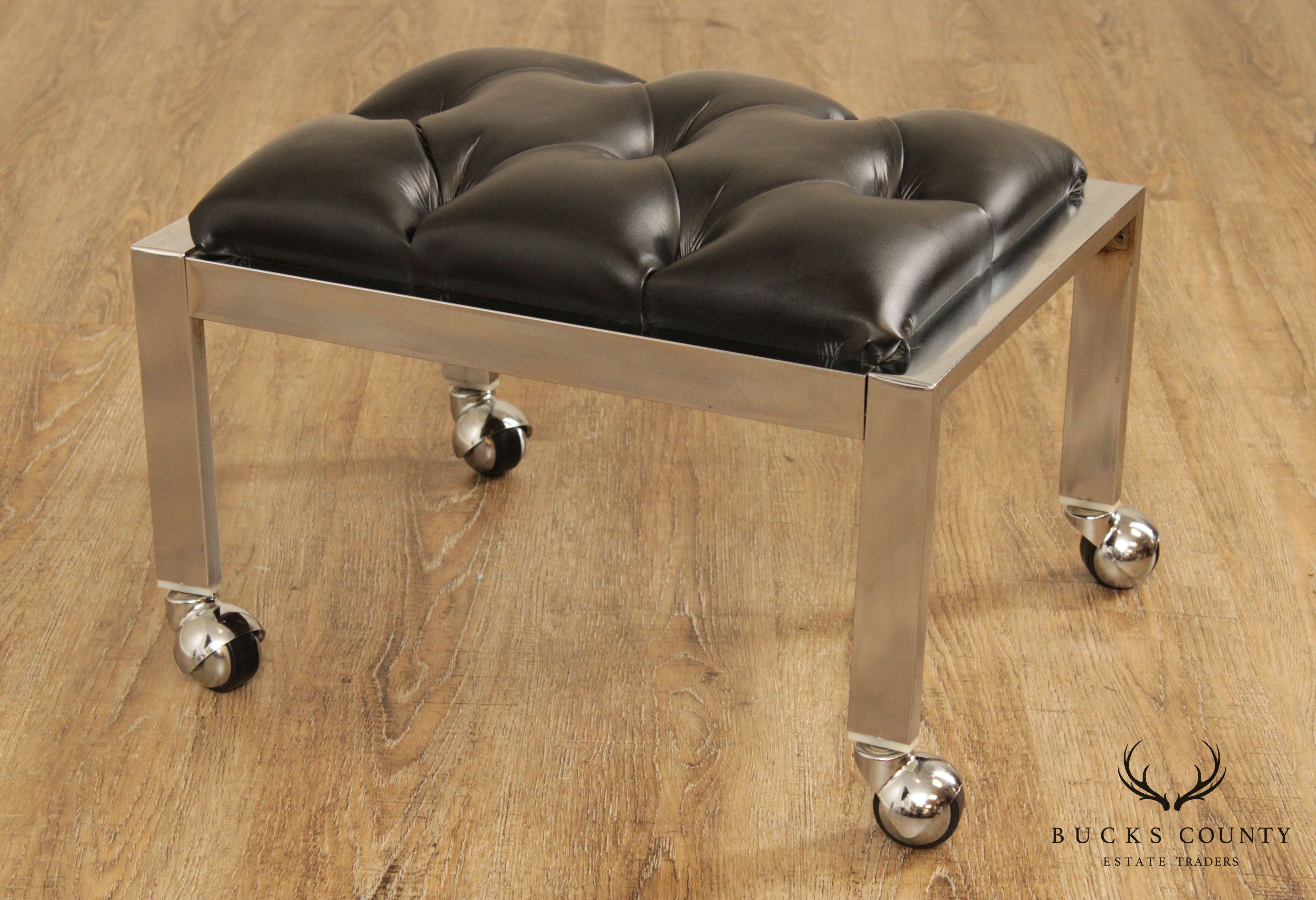 Vintage Modern Chrome & Black Vinyl Rolling Footstool