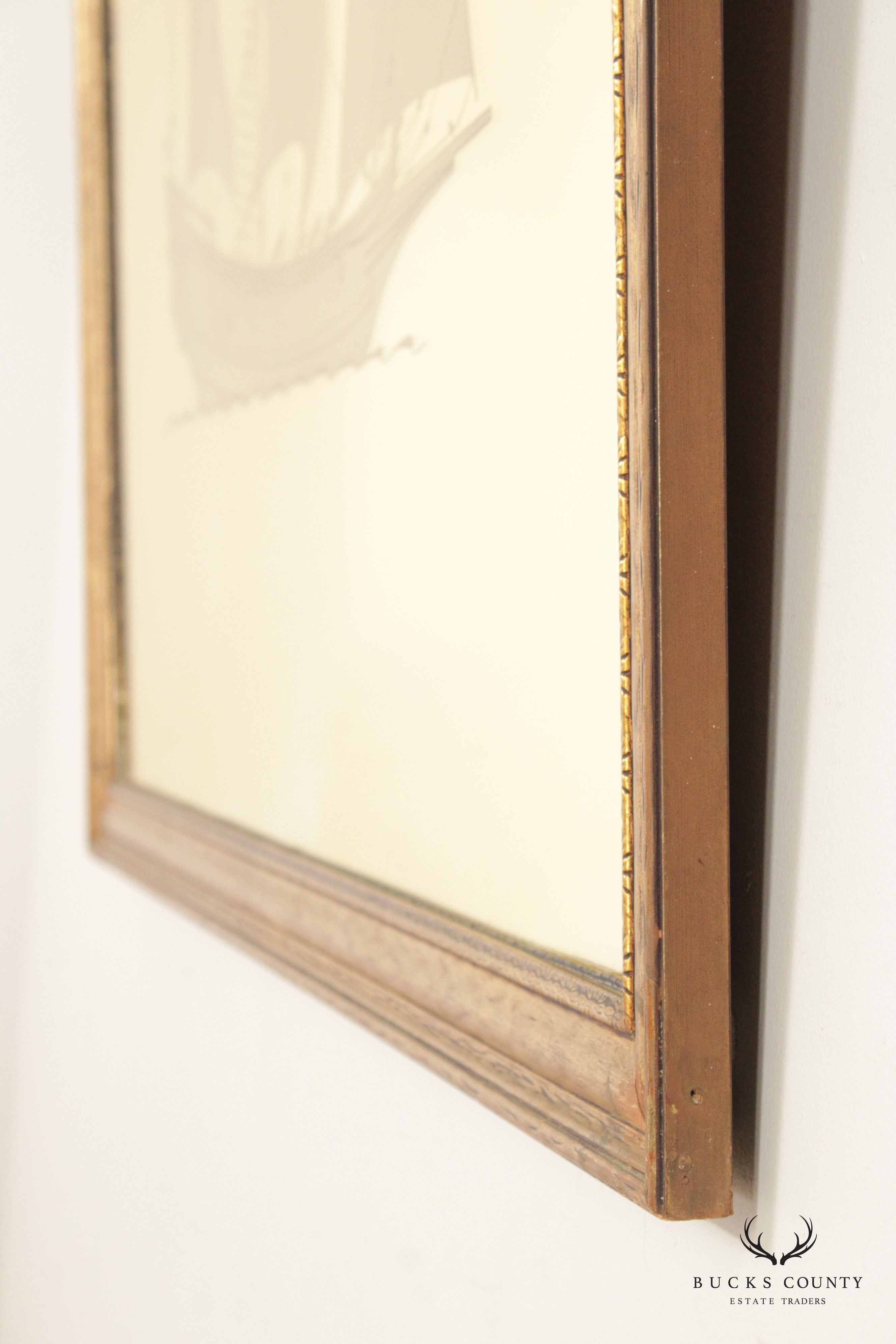 Vintage Gilt Frame Etched Masted Ship Wall Mirror