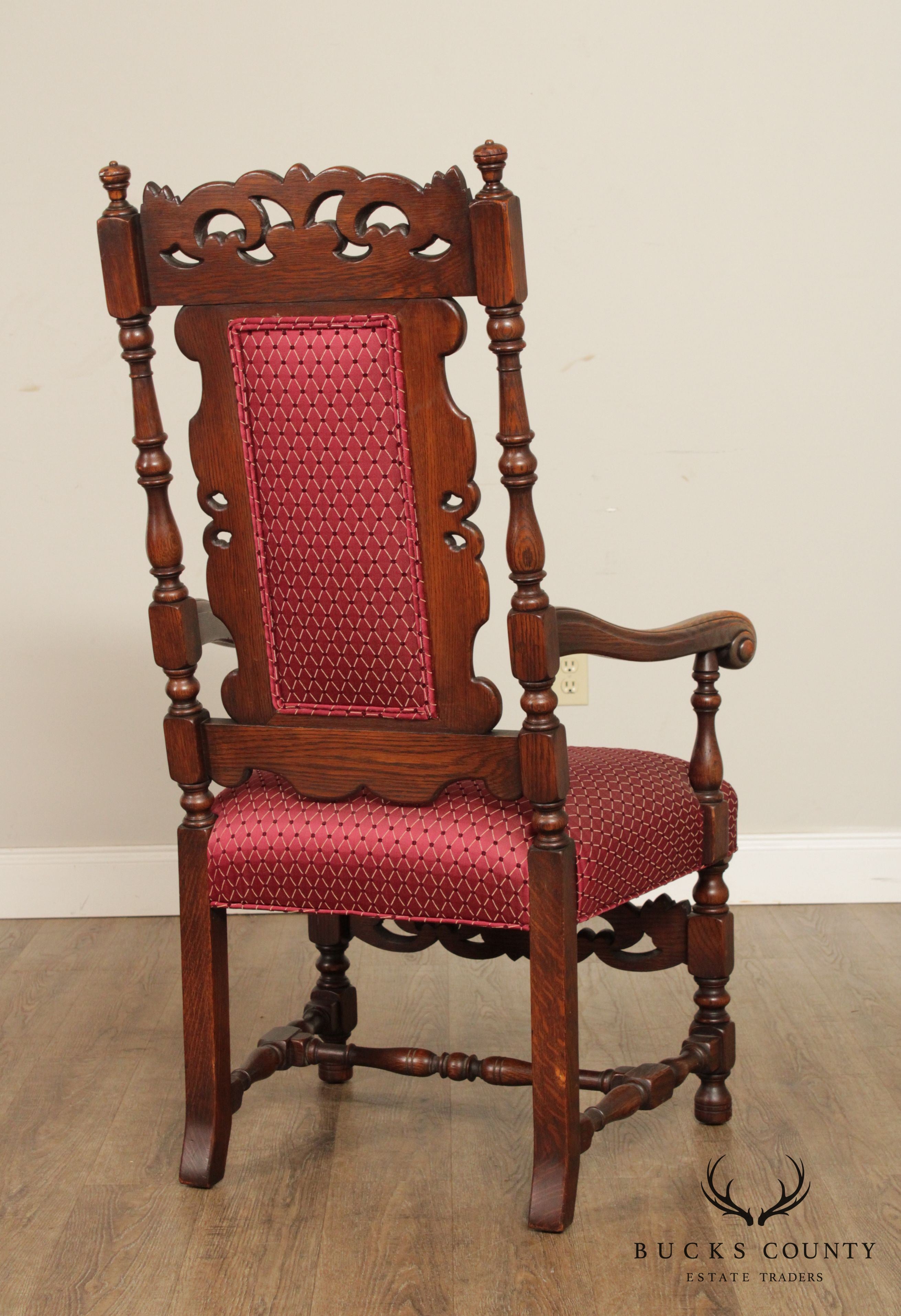 Jacobean Revival Vintage Set 6 Carved Walnut Dining Chairs