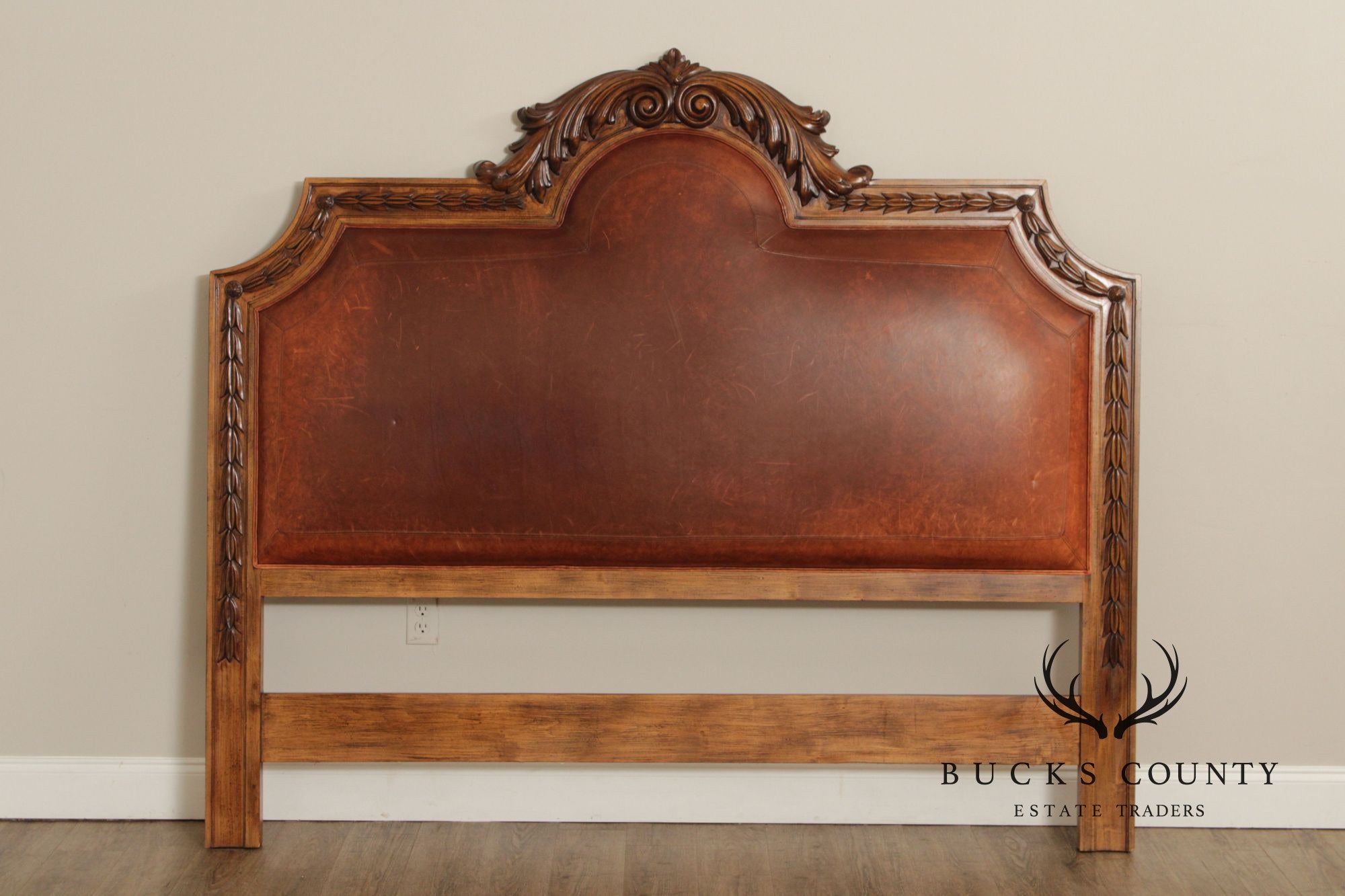 Rustic European Style King Size Carved Wood And Leather Headboard