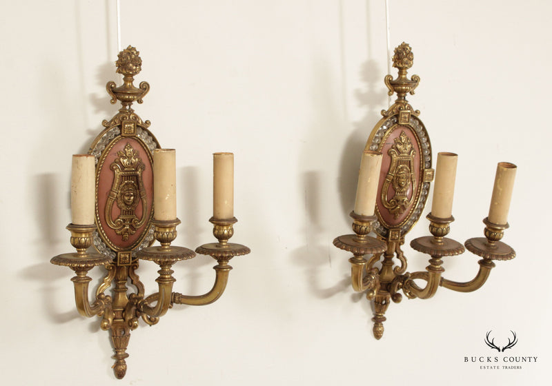 Antique Neoclassical Style Pair Brass Candelabra Wall Lamp Sconces