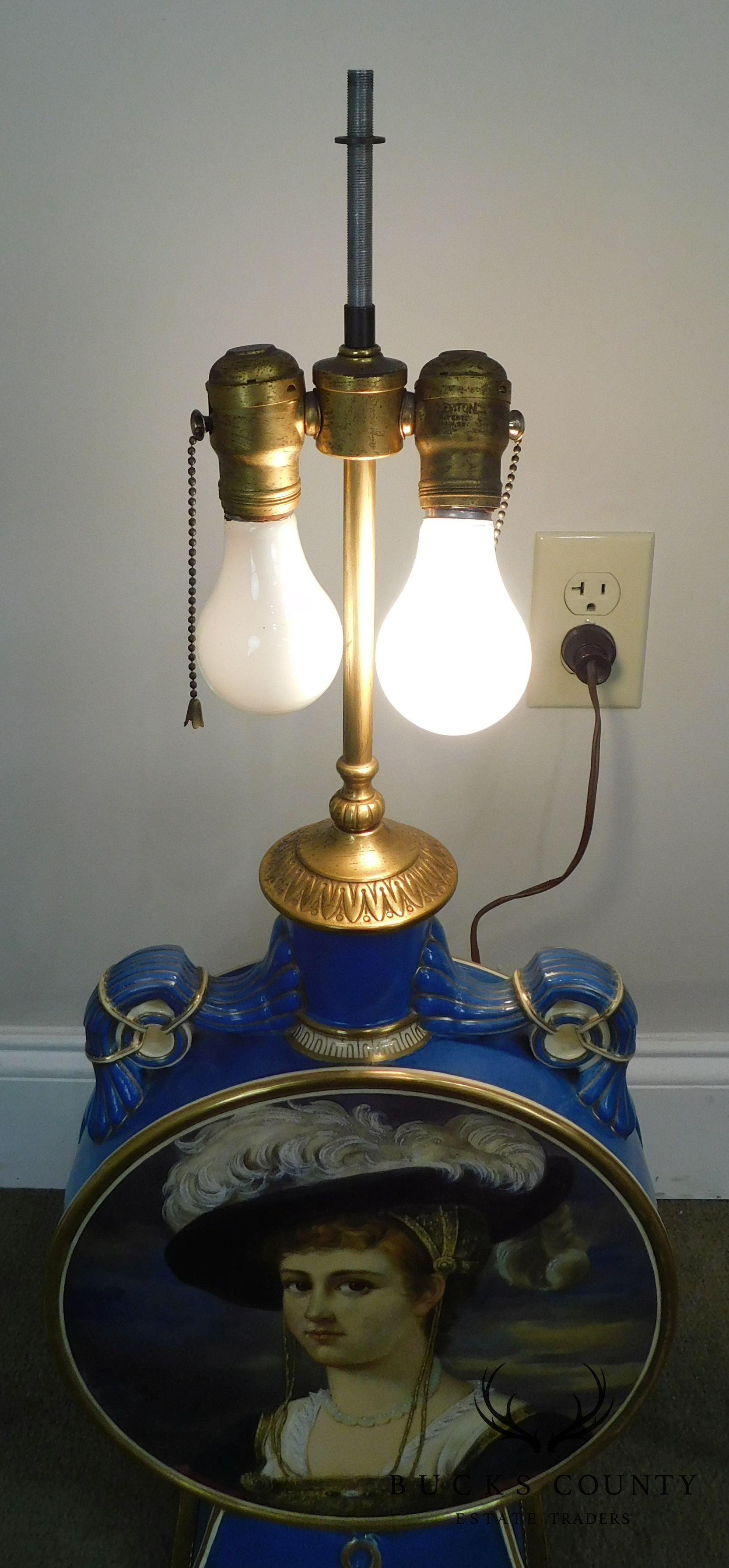 Royal Blue Canteen Form Ceramic Lamp with Enamel Decoration