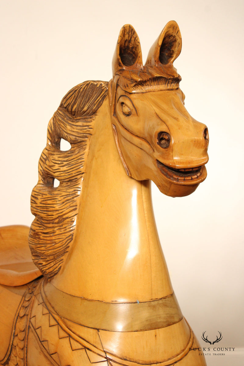 Vintage Wooden Carved Carousel Horse on Stand