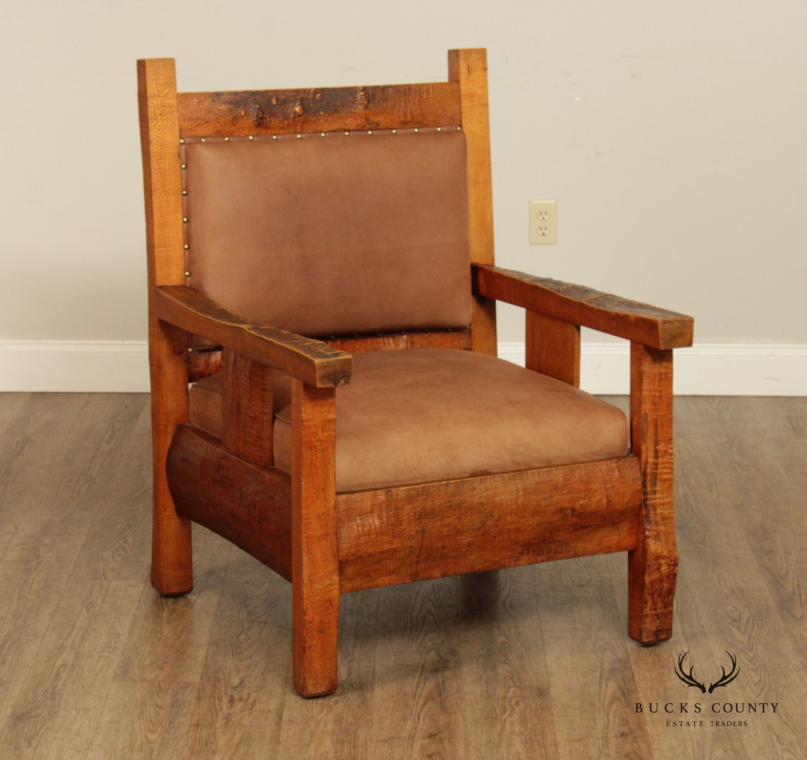 Antique Adirondack Tiger Maple and Leather Lounge Arm Chair