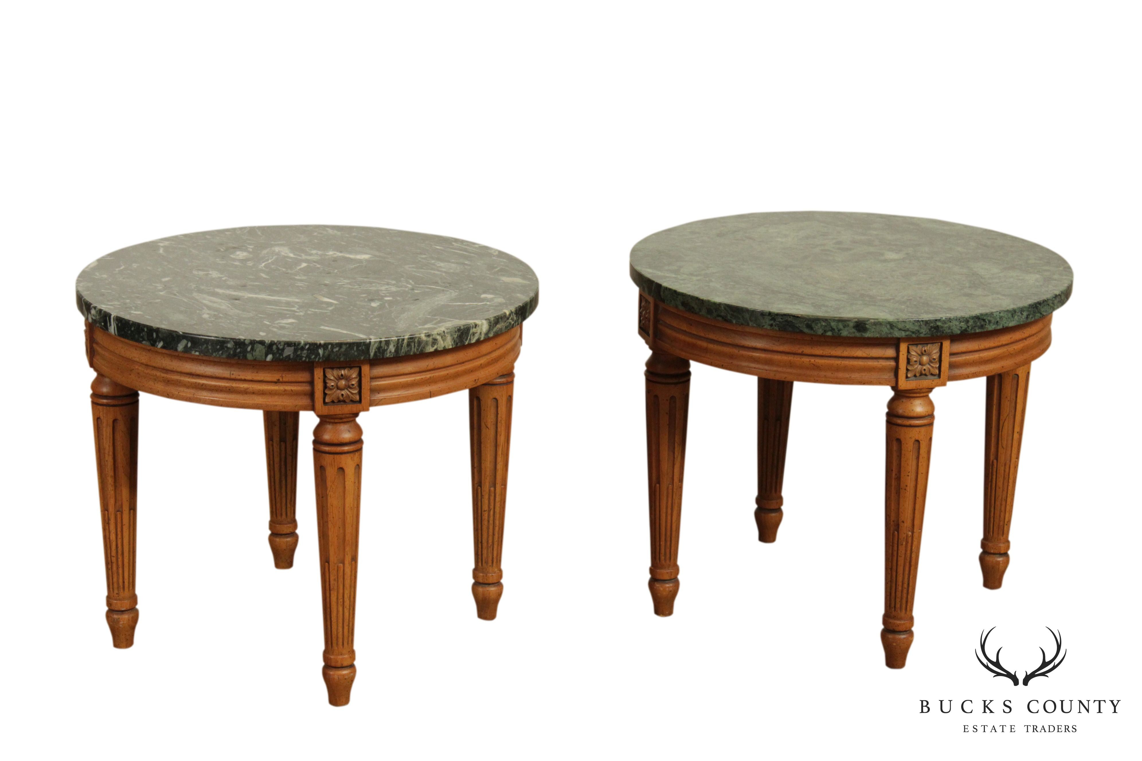 French Louis XVI Style Vintage Walnut Pair Round Marble Top Side Tables