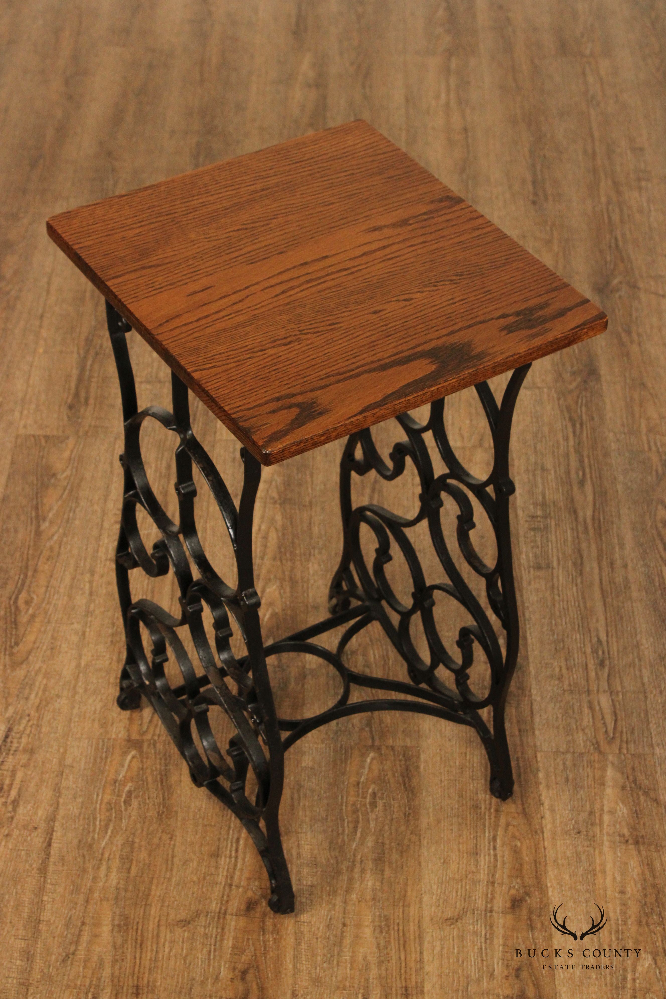 Antique Victorian Style Iron Base Oak Top Side Table