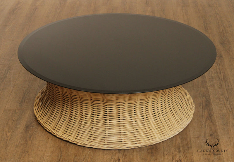 Vintage Wicker Rattan Round Smoked Glass Top Coffee Table